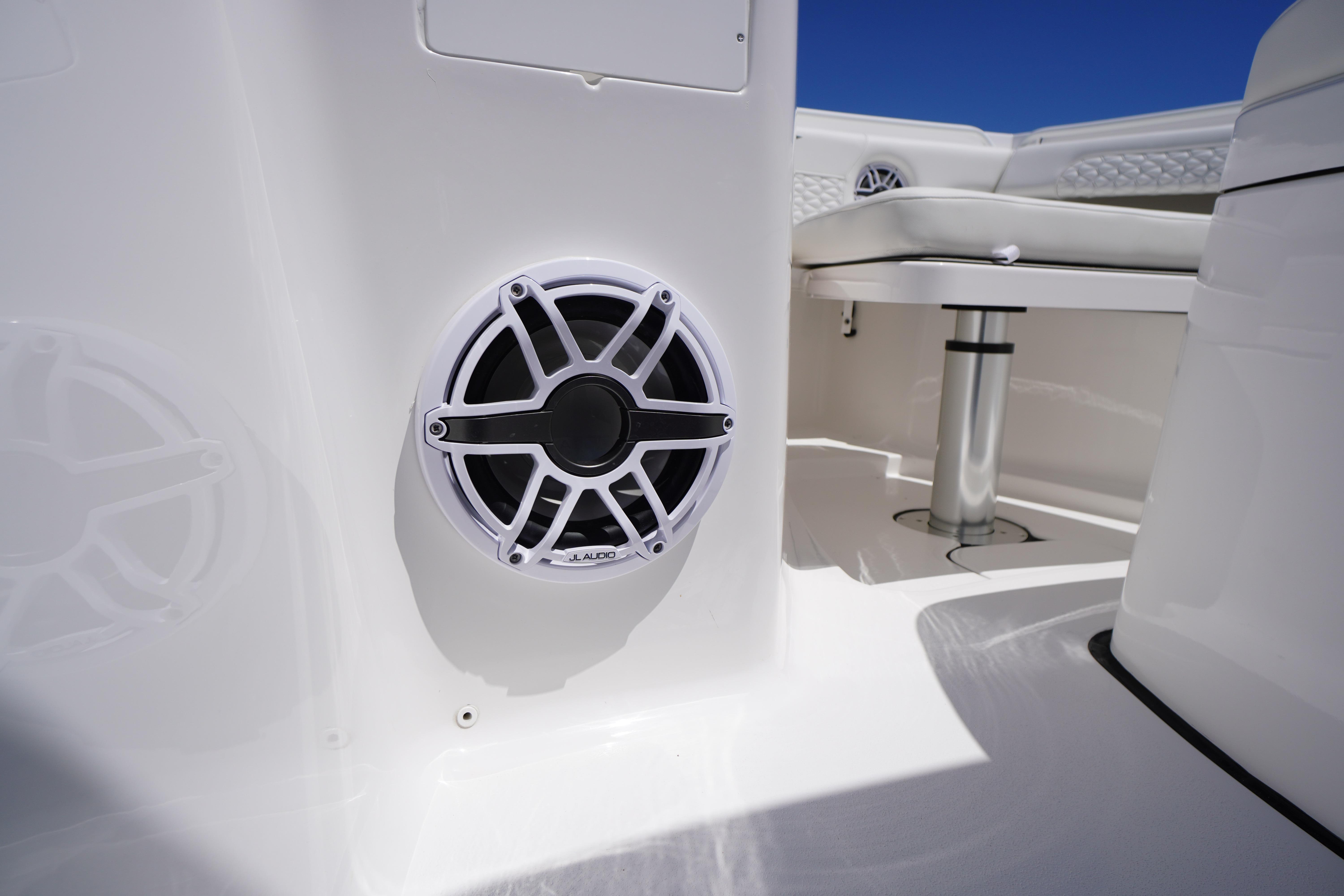 Speaker system on 2026 Tidewater 302 CC Adventure boat interior.