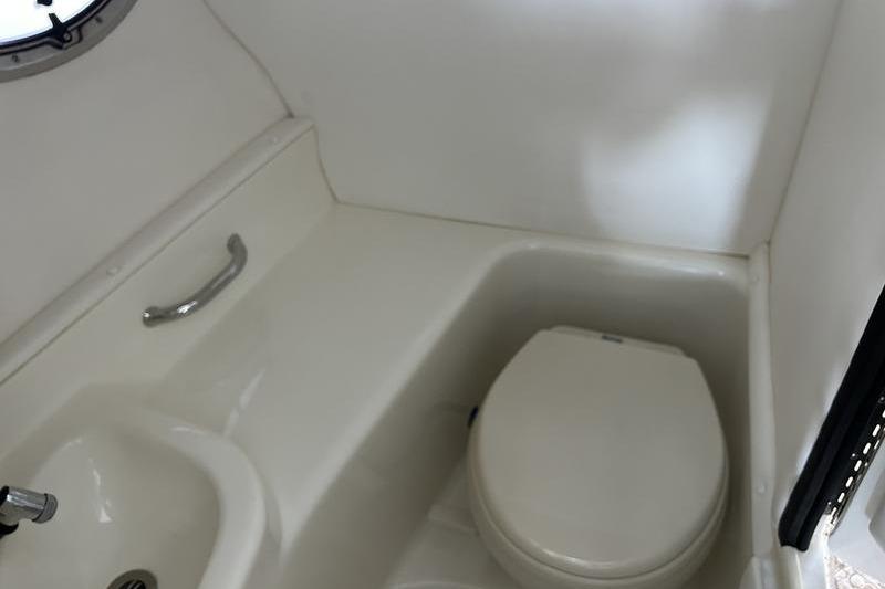 Compact bathroom in 2011 Sea Ray 300 SLX boat with toilet and sink.