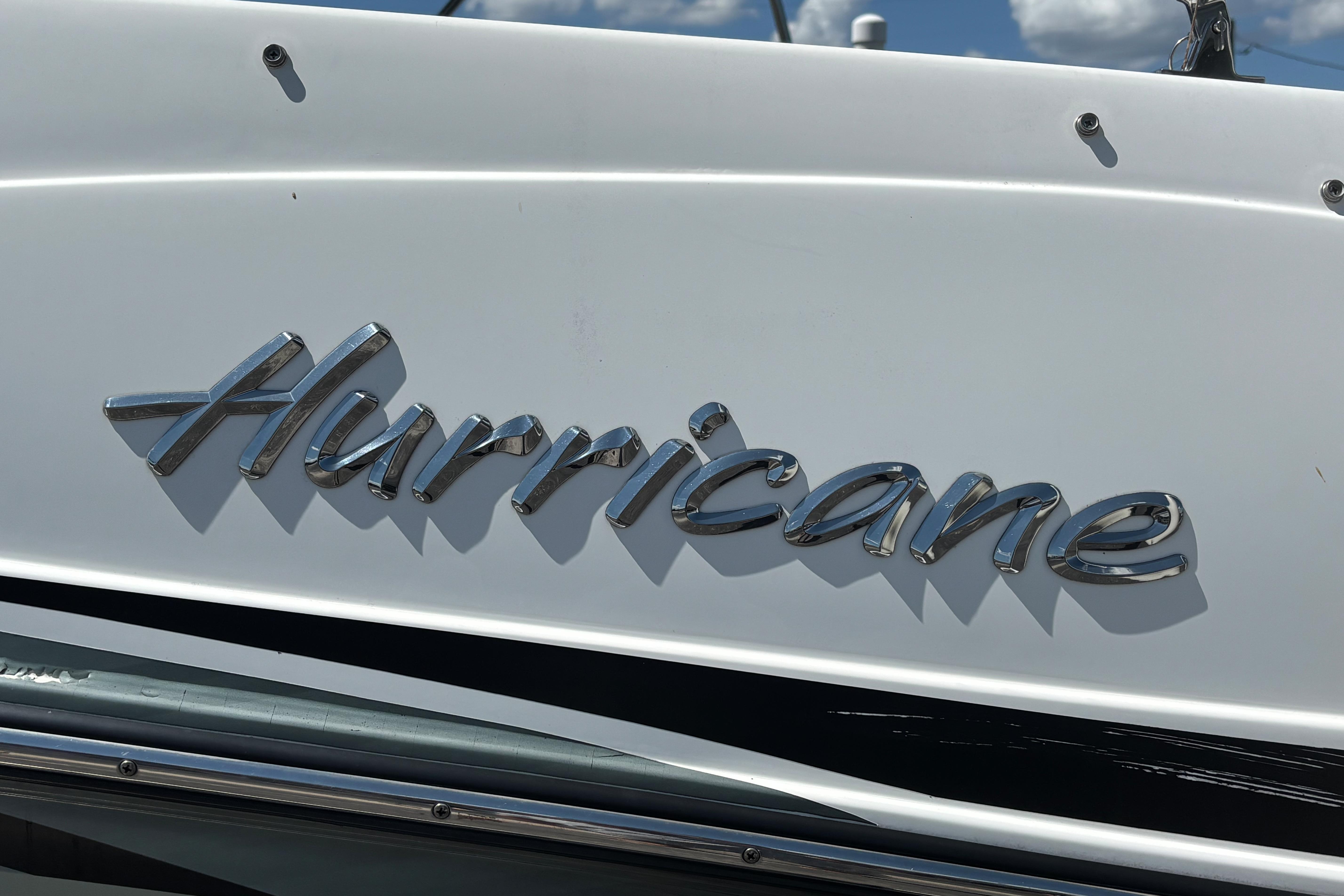 2019 Hurricane Sundeck Sport 218 OB boat logo on white surface.