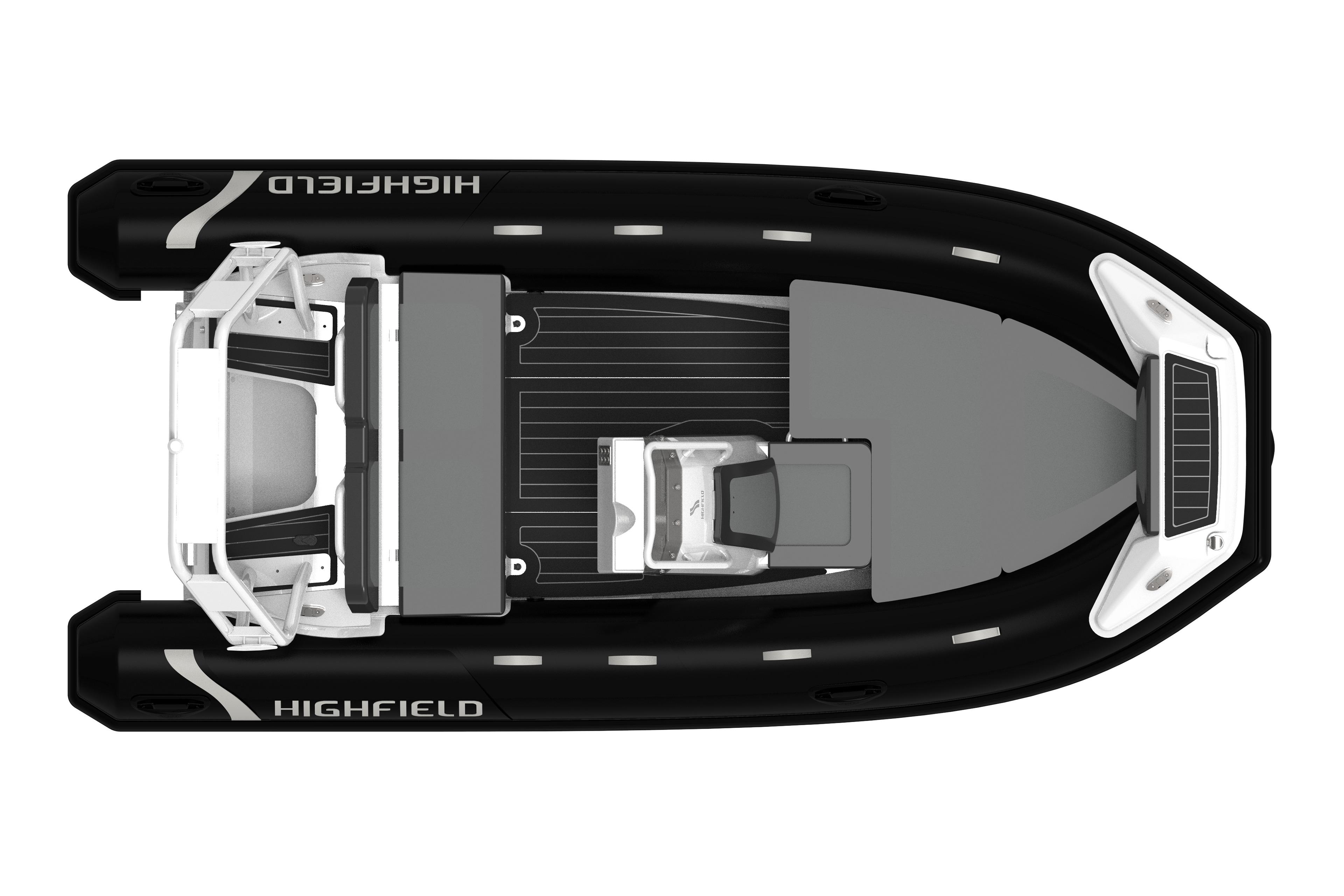 Top view of 2026 Highfield Sport 420 inflatable boat, sleek black design.