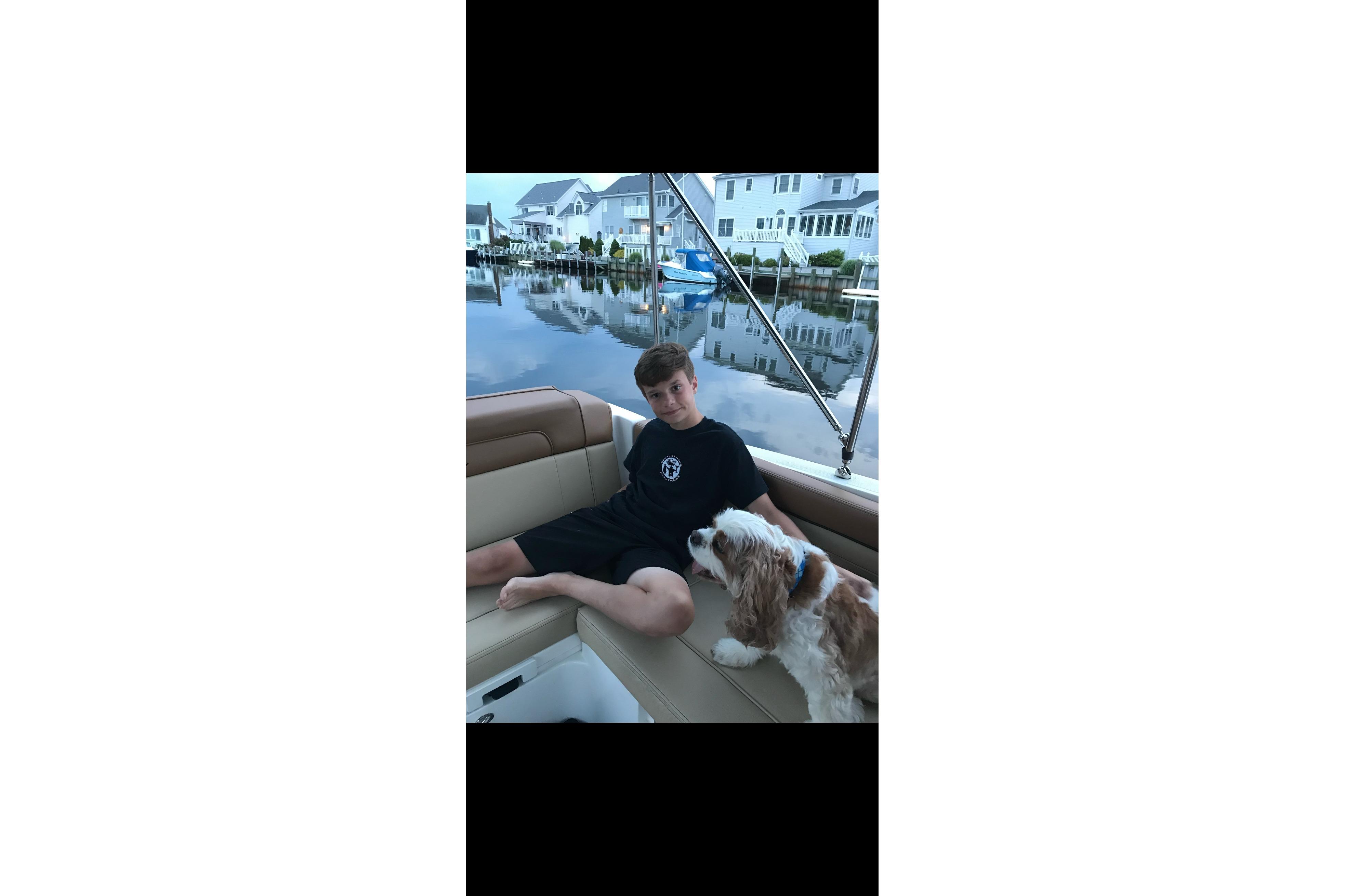 Young person and dog relaxing on a 2014 Sea Ray 260 Sundeck boat.