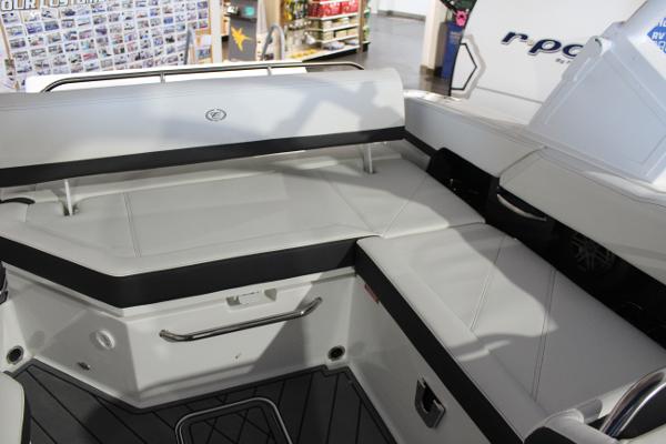 2025 Cobalt R6 boat interior with white seating and black accents.