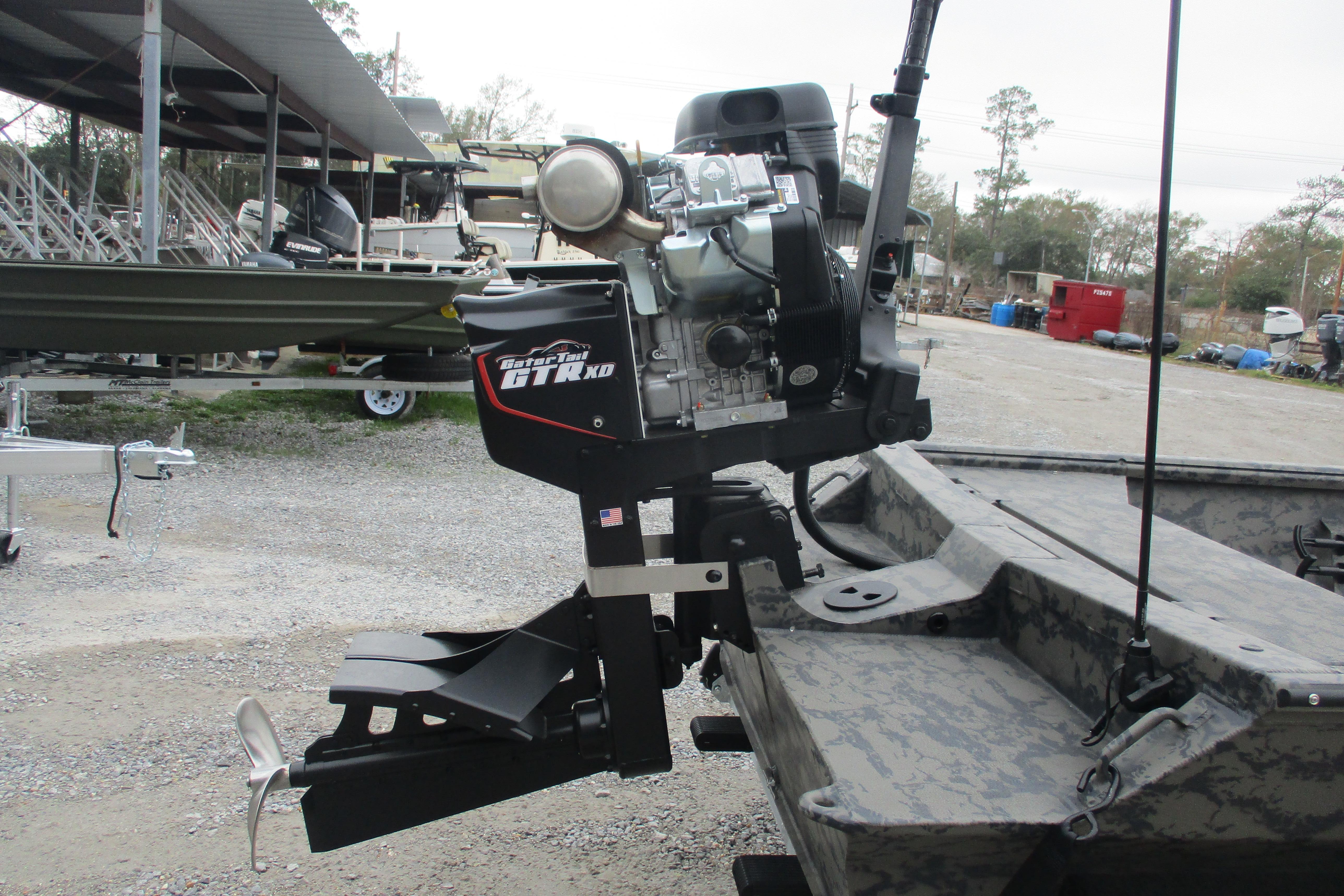 2026 Gator Tail 1754 Extreme boat with powerful outboard motor in a boatyard setting.