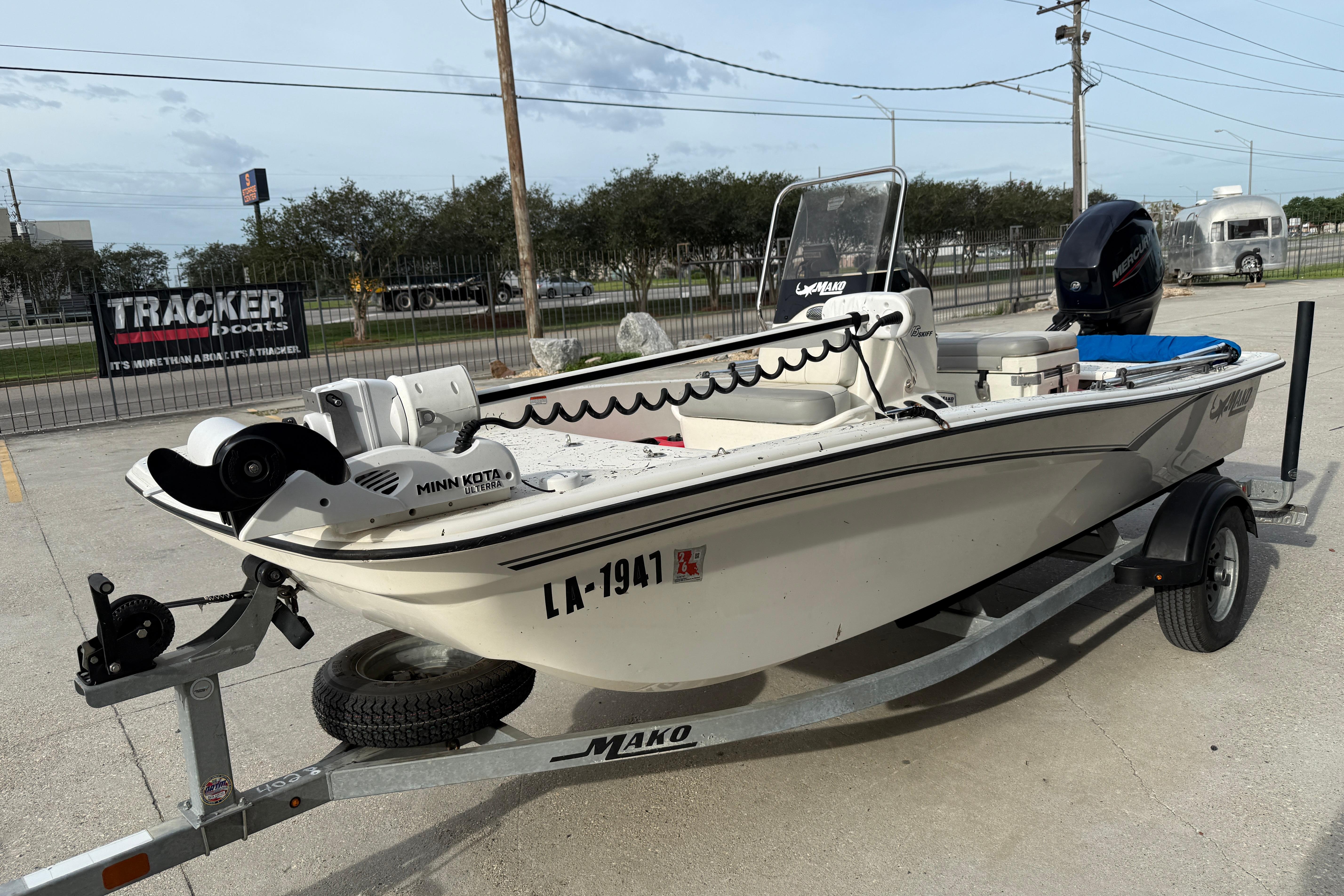 2020 Mako Pro Skiff 15 CC boat on trailer with Minn Kota motor.