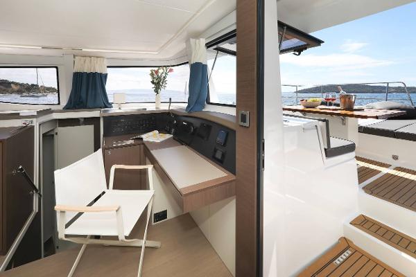 Interior of 2021 Bali 4.8 yacht with modern design and ocean view.