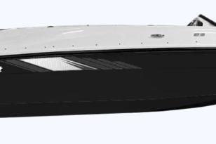 2026 Bayliner Element E16 boat, sleek black and white design, side view.