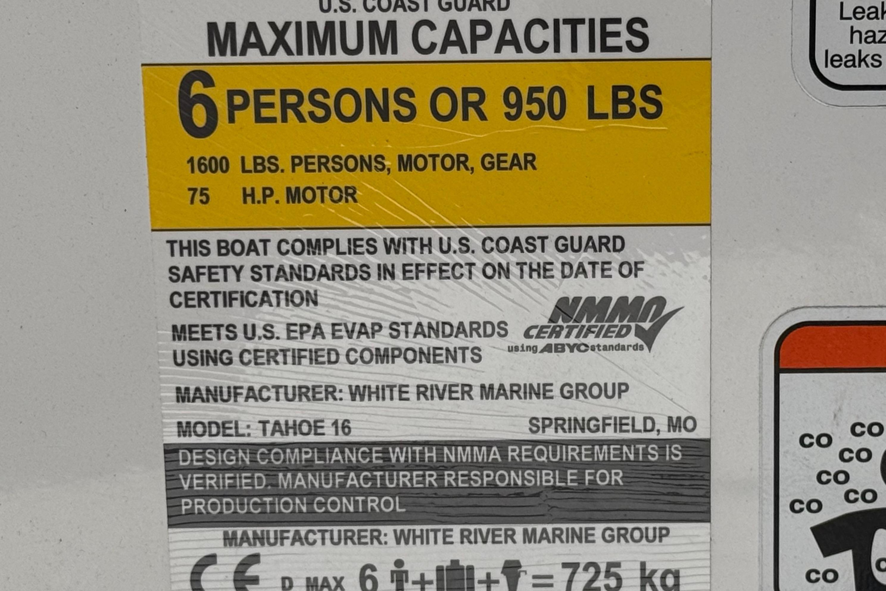 2024 Tahoe T16 boat capacity label, 6 persons or 950 lbs, NMMA certified.