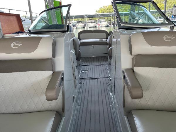 2019 Crownline E255 boat interior with gray seating and open deck layout.