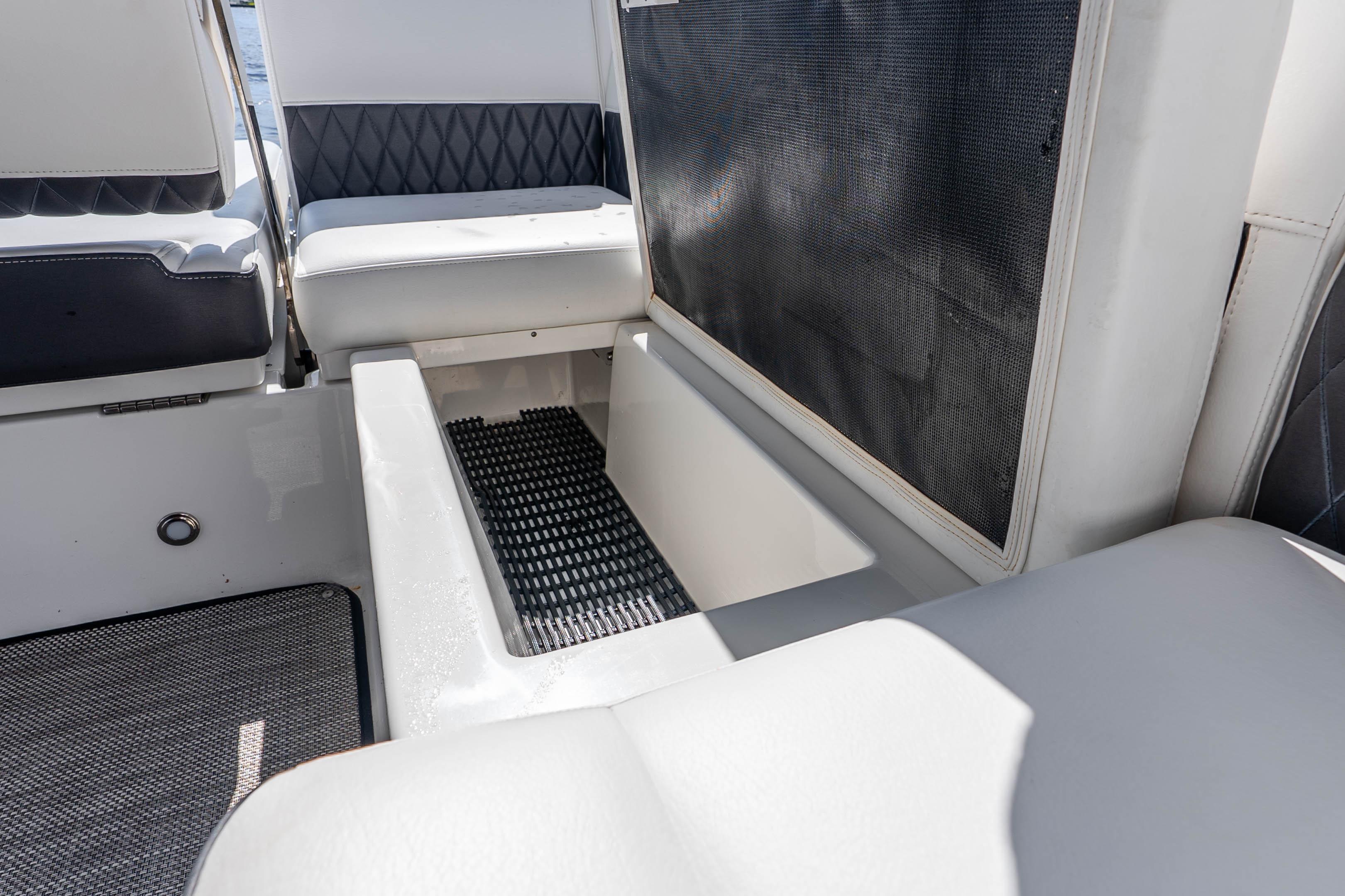 Interior seating area of 2022 Monterey 378SS Super Sport boat, featuring sleek design.