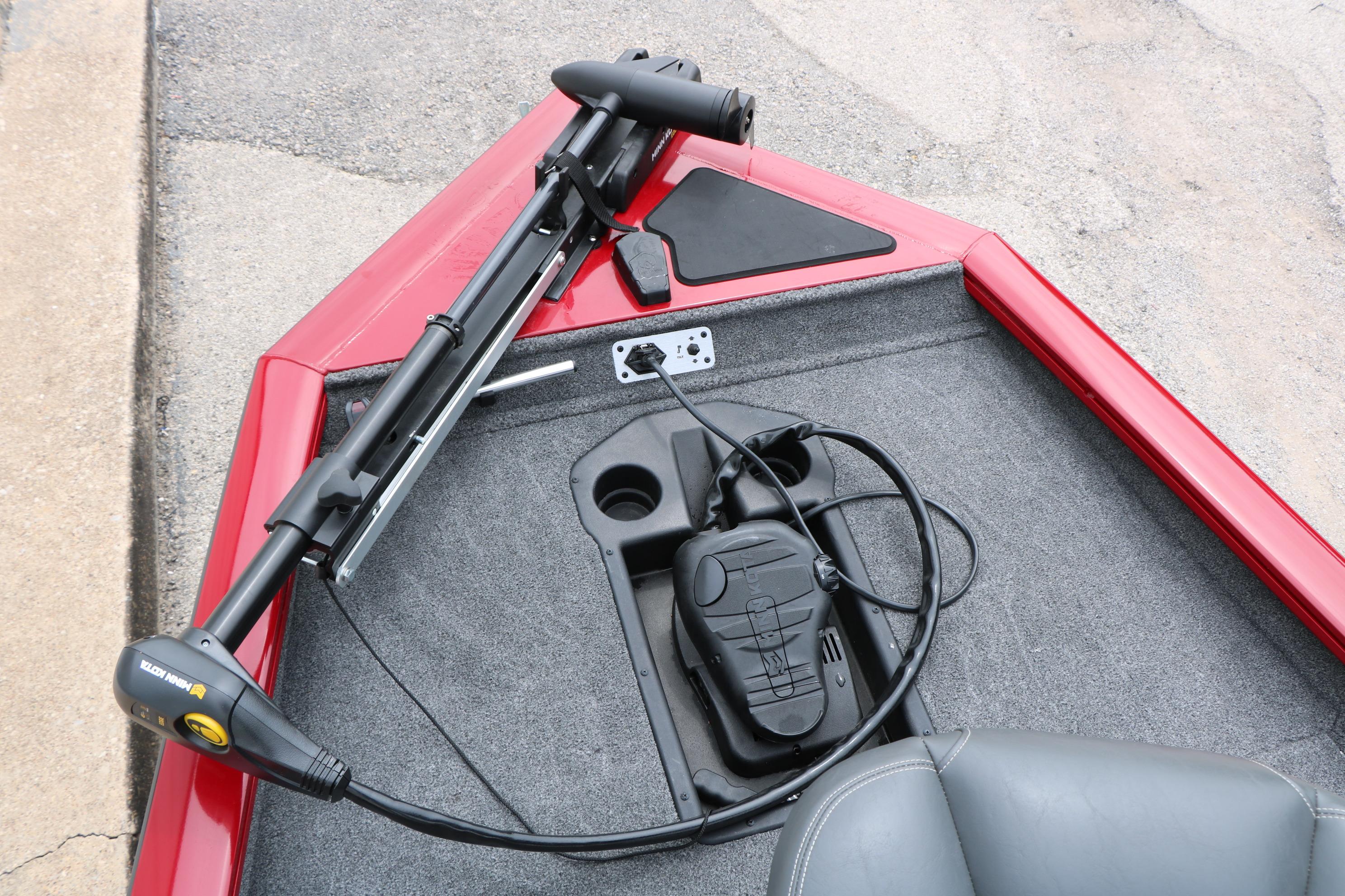 2024 Tracker Pro Team 175 boat deck with trolling motor and foot pedal controls.