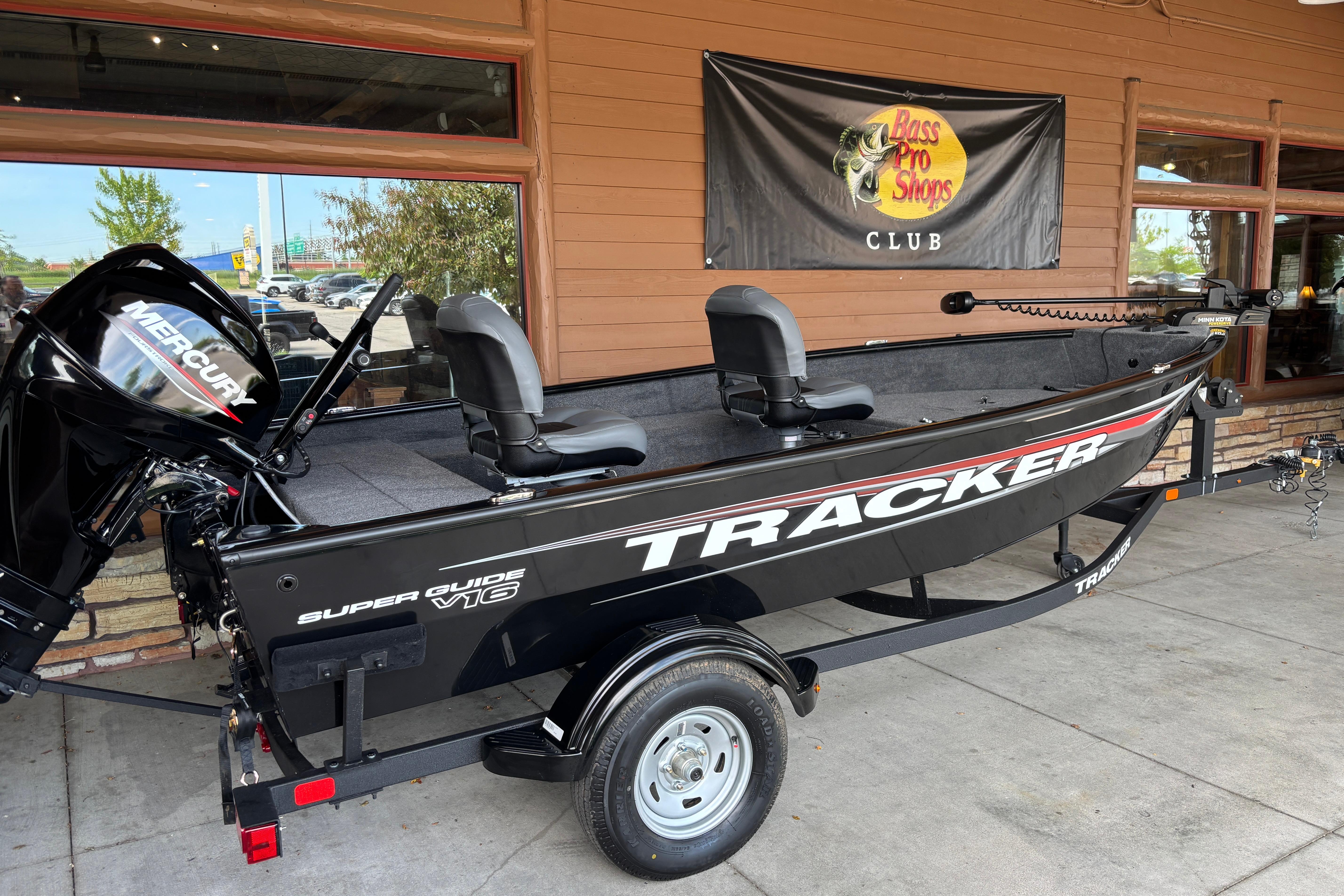 2026 Tracker Super Guide V-16 T boat displayed at Bass Pro Shops.
