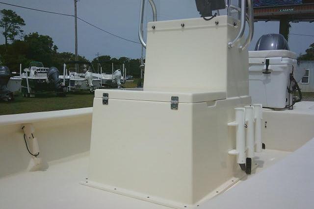 2017 Jones Brothers Bateau 17 boat interior with console and rod holders.