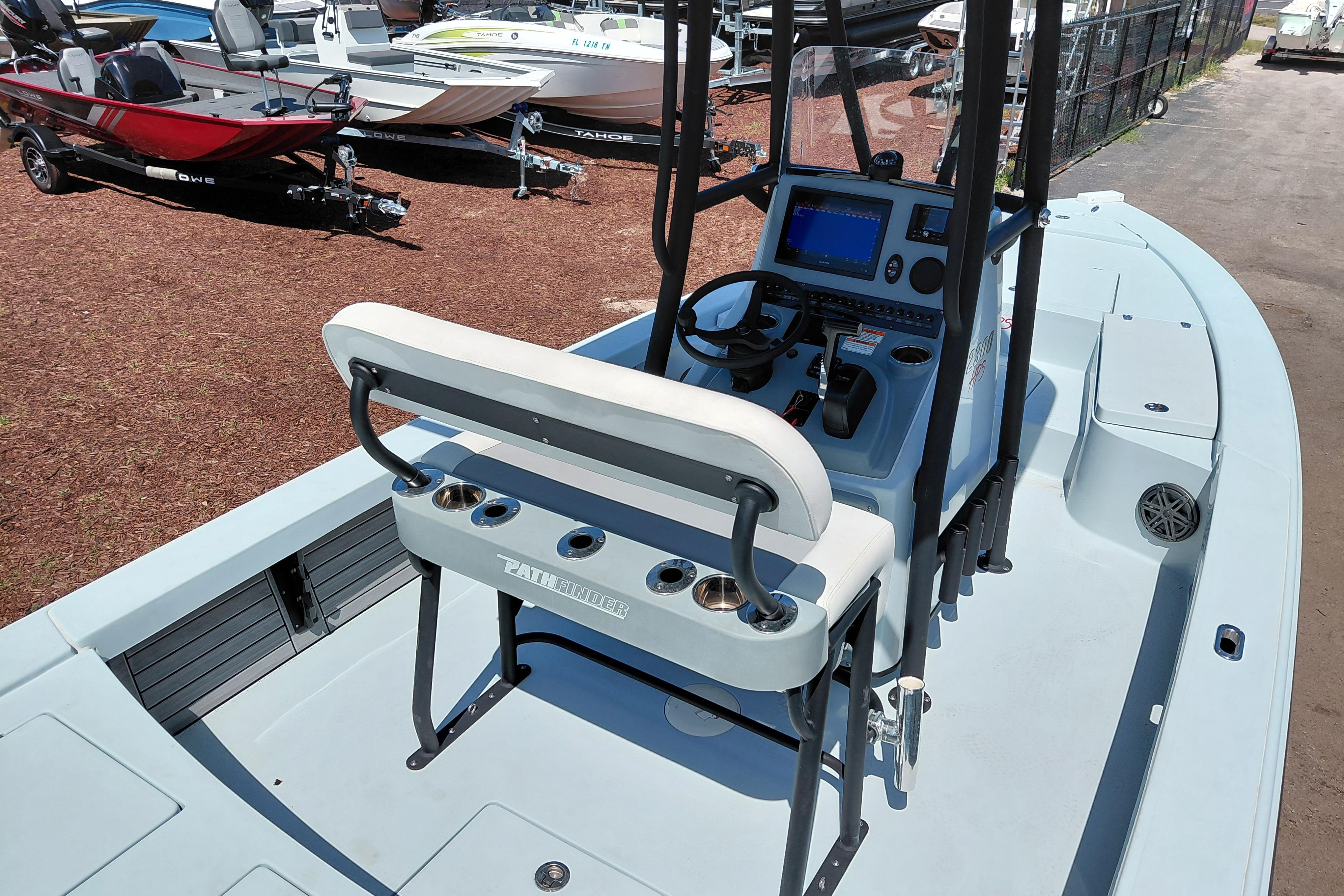 2022 Pathfinder 2300 HPS boat with modern console and seating, displayed outdoors.