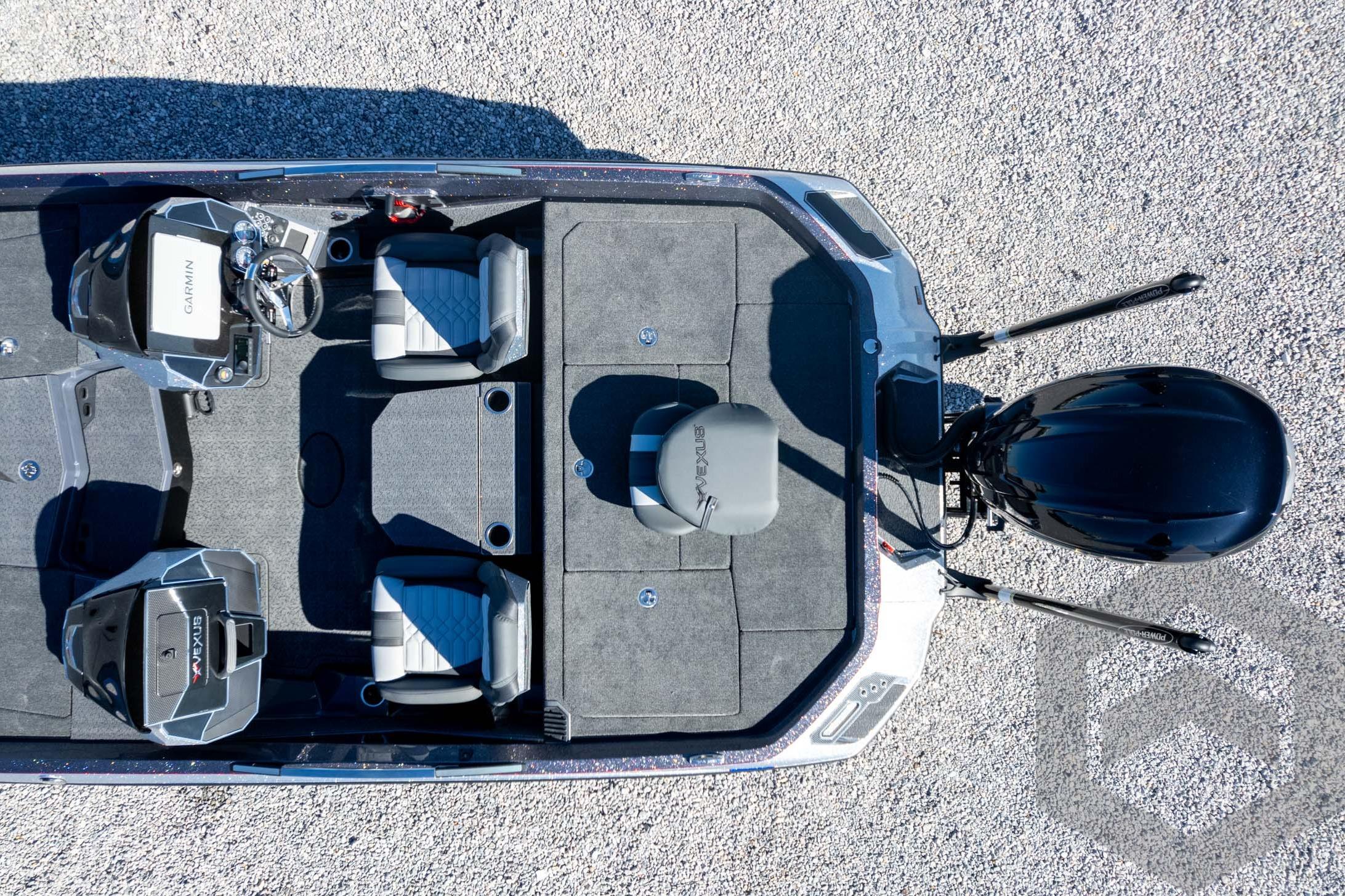 Overhead view of 2026 Vexus VXs21 boat interior with seating and controls.