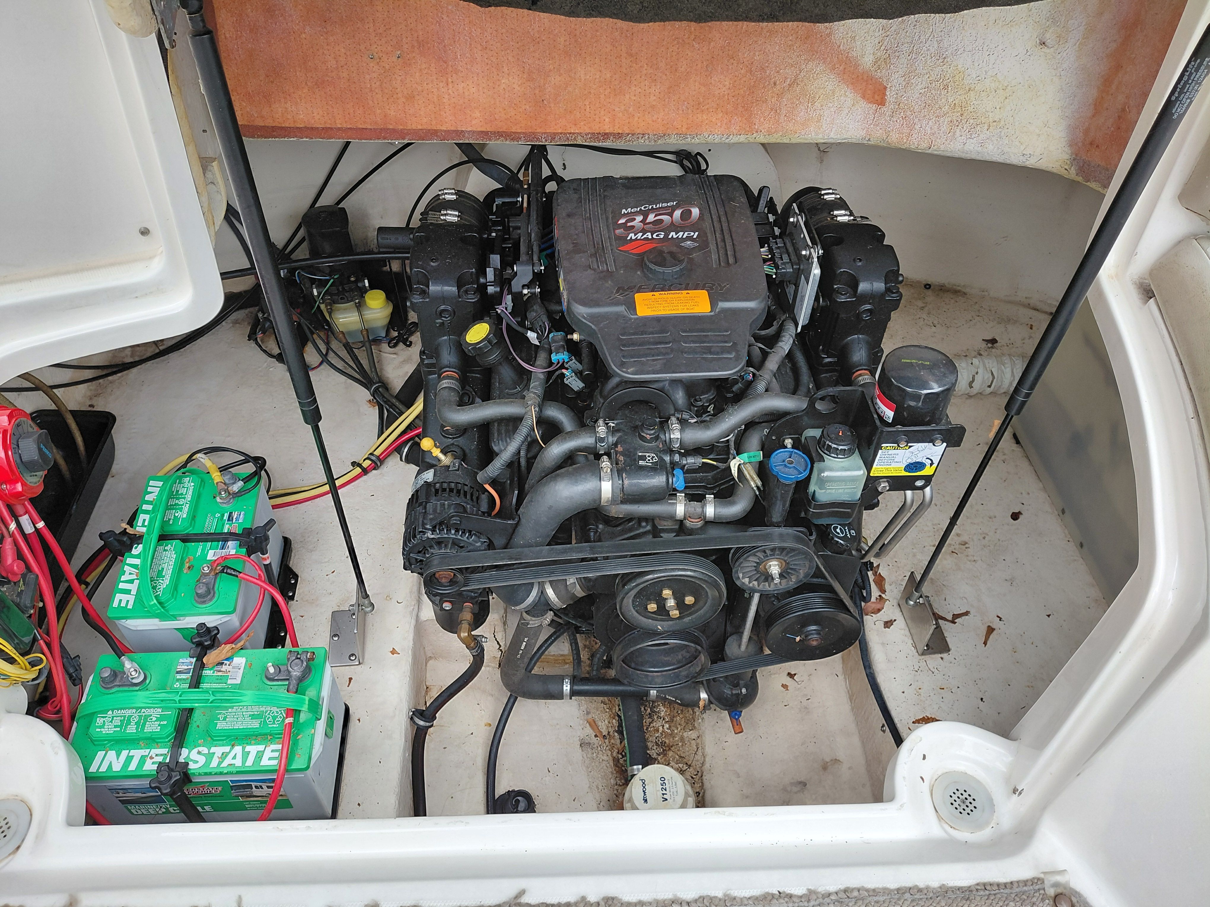 Engine compartment of a 2005 Chaparral Sunestra 254 with MerCruiser 350 MAG MPI.
