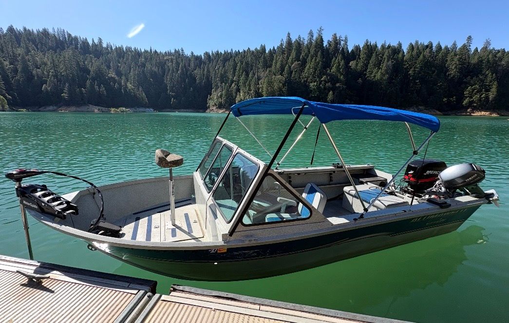 A 2002 Stryker Rogue boat docked on a serene, forested lake.