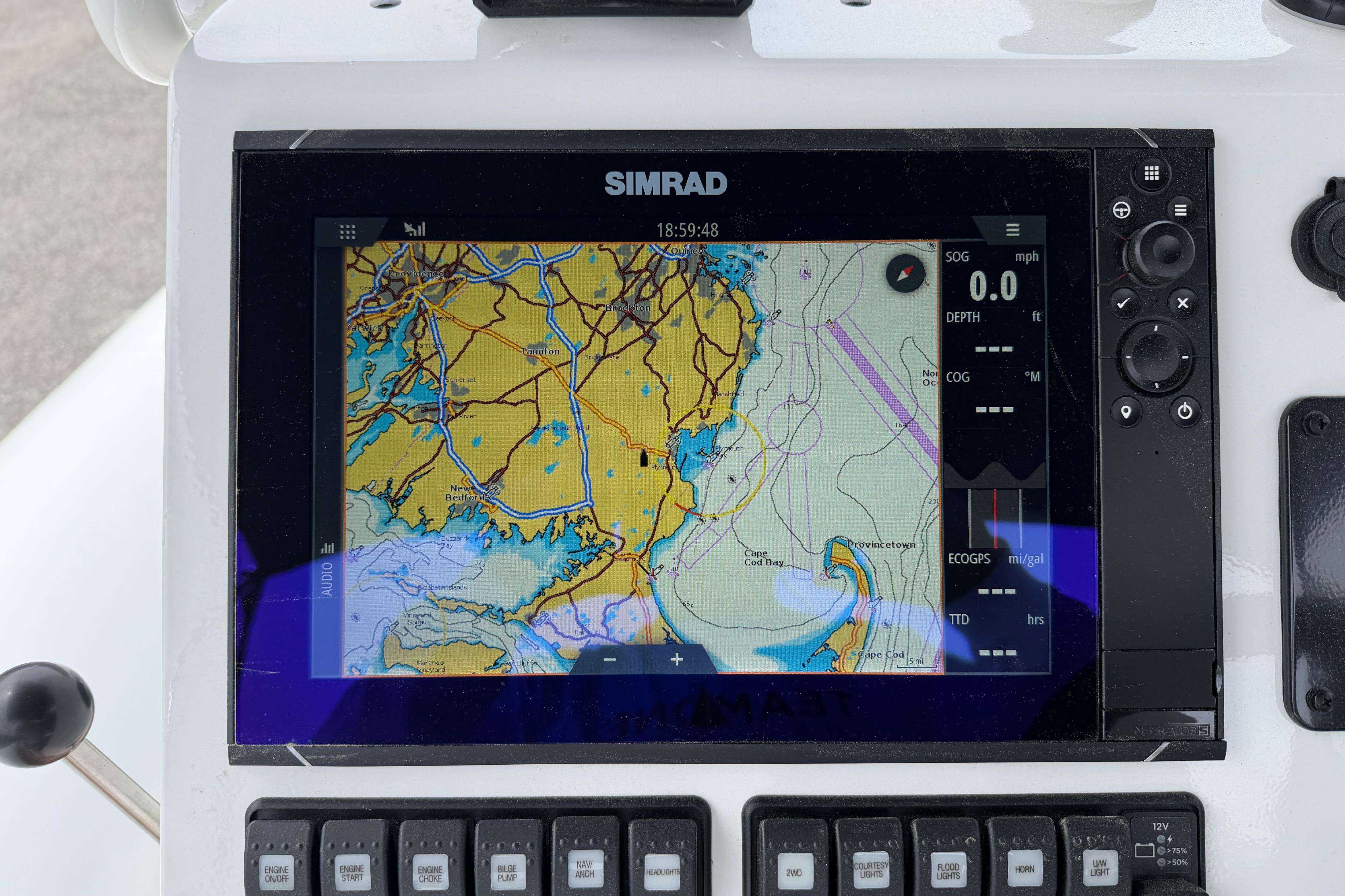 Simrad navigation display on 2024 Sealegs 7.1m RIB showing nautical chart.