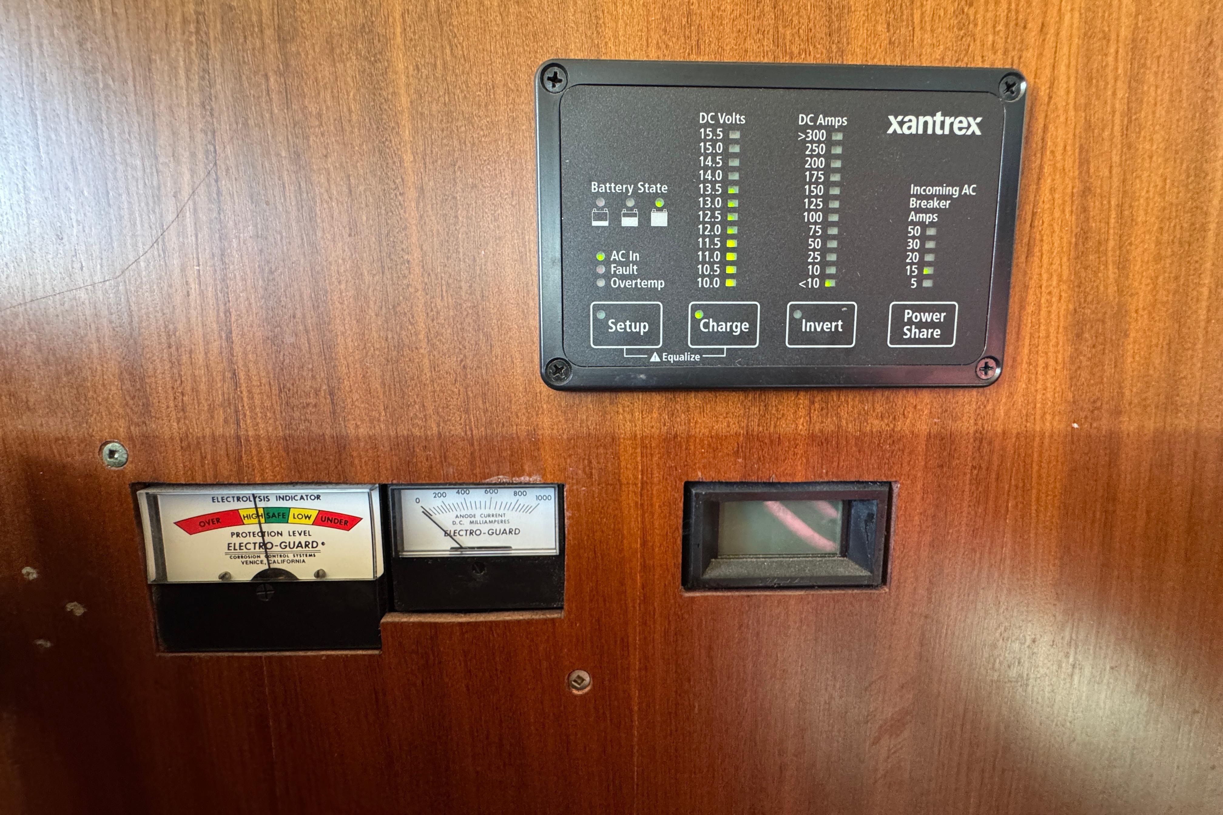 Control panel on a 1985 Hatteras 45 Convertible boat, featuring Xantrex and Electro-Guard indicators.