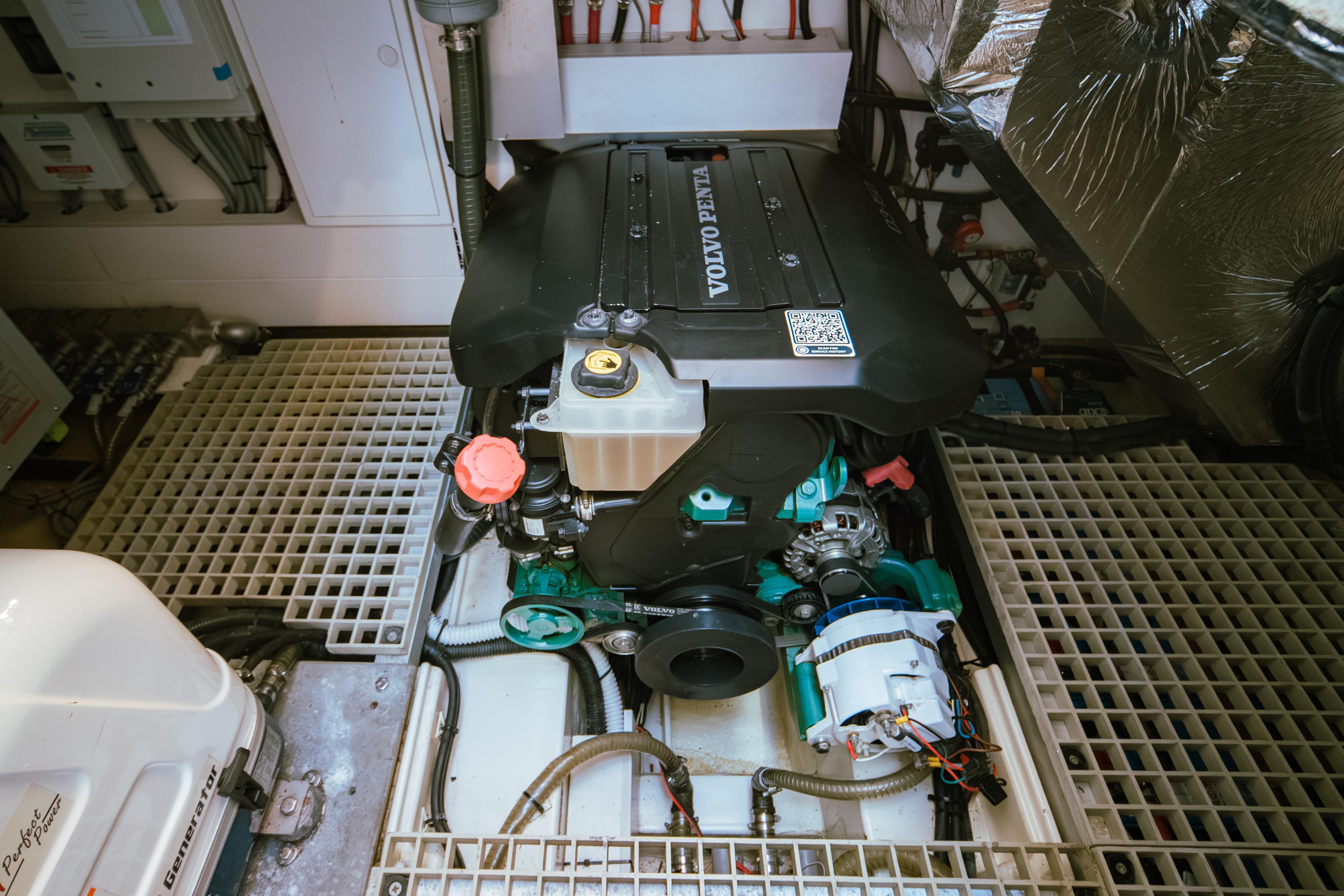 Engine room of 2016 Moody 54 DS yacht with Volvo Penta engine.