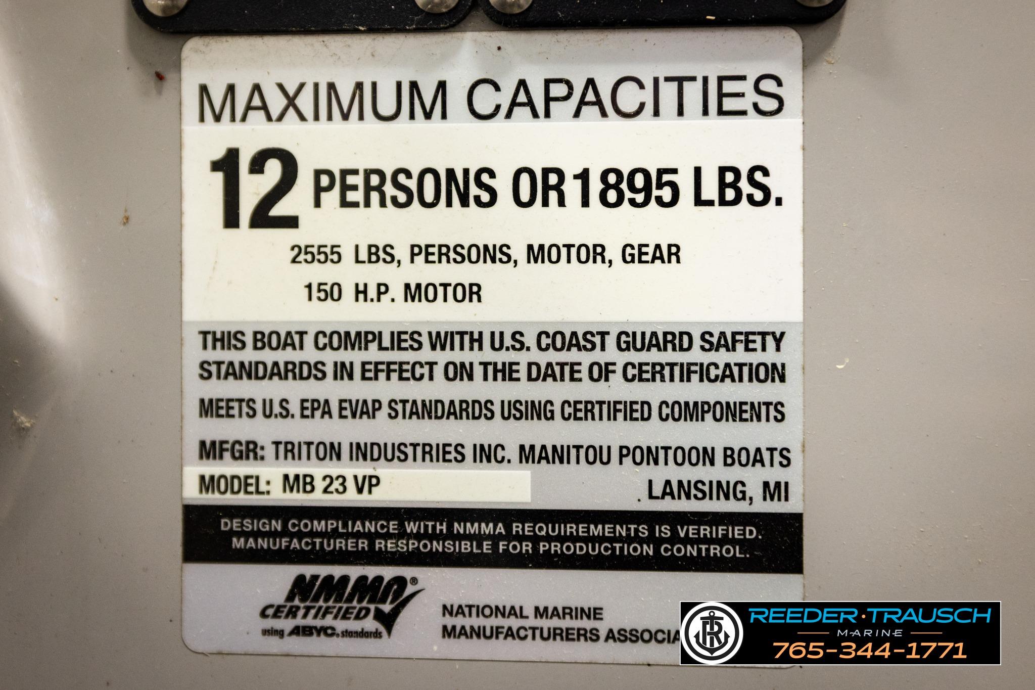 Capacity label for 2019 Manitou Oasis SR VP, 12 persons or 1895 lbs, 150 HP motor.