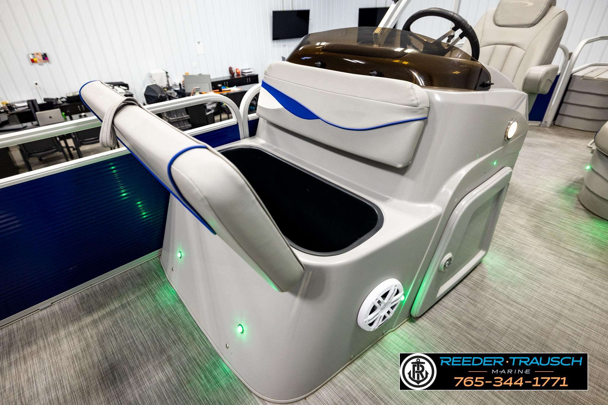 2021 Bennington 20 SV boat interior with seating and storage, showcased by Reeder Trausch Marine.
