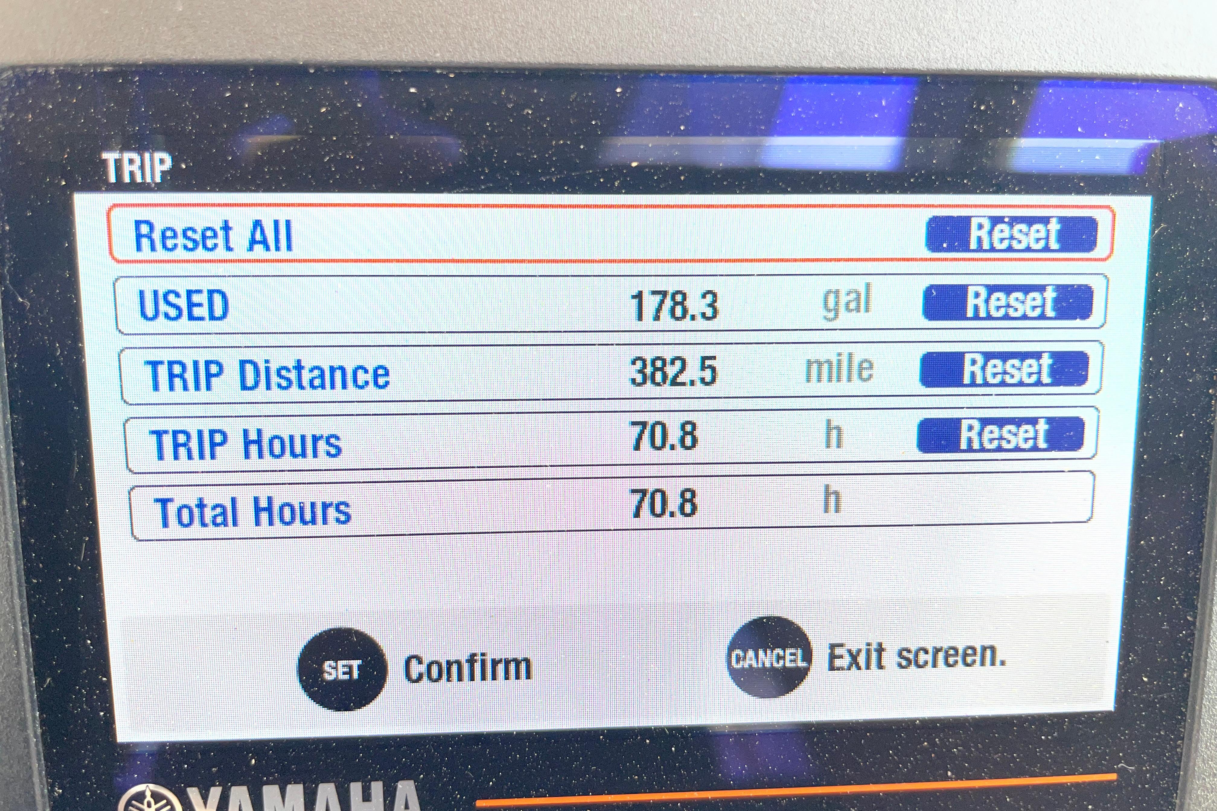 Yamaha trip display showing fuel usage, distance, and hours for Grady-White Adventure 218, 2024 model.