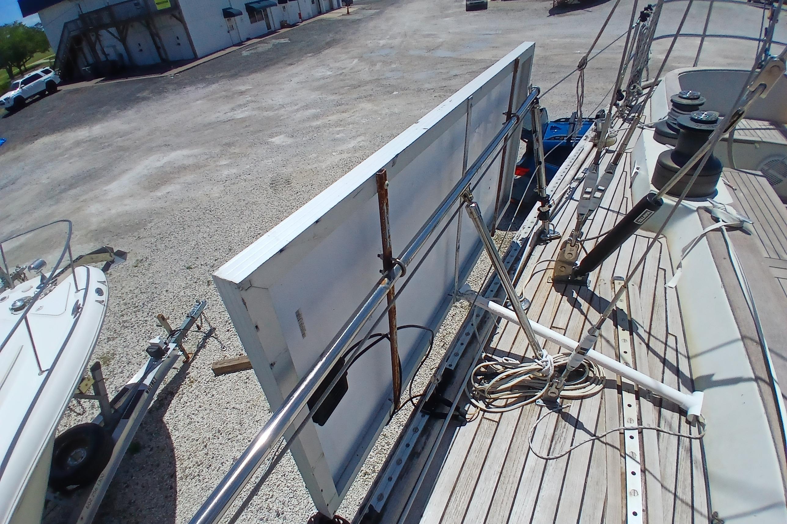 Deck of 1981 Kaufman Skye 51 sailboat with equipment and railing.