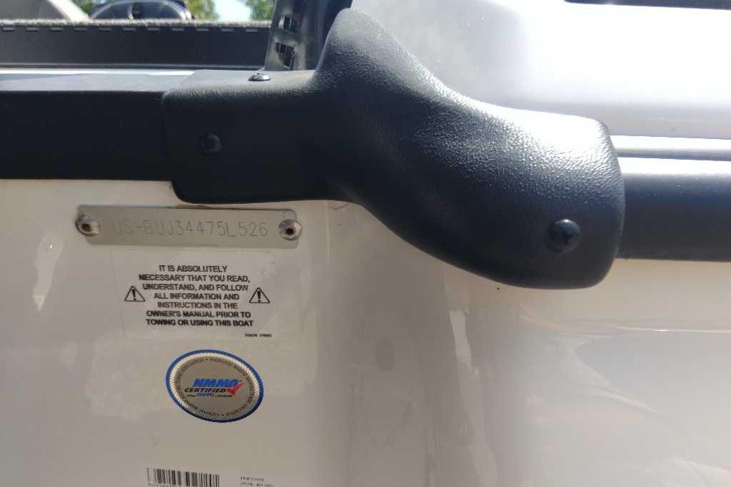 2026 Nitro Z17 boat detail with safety instructions and certification label.