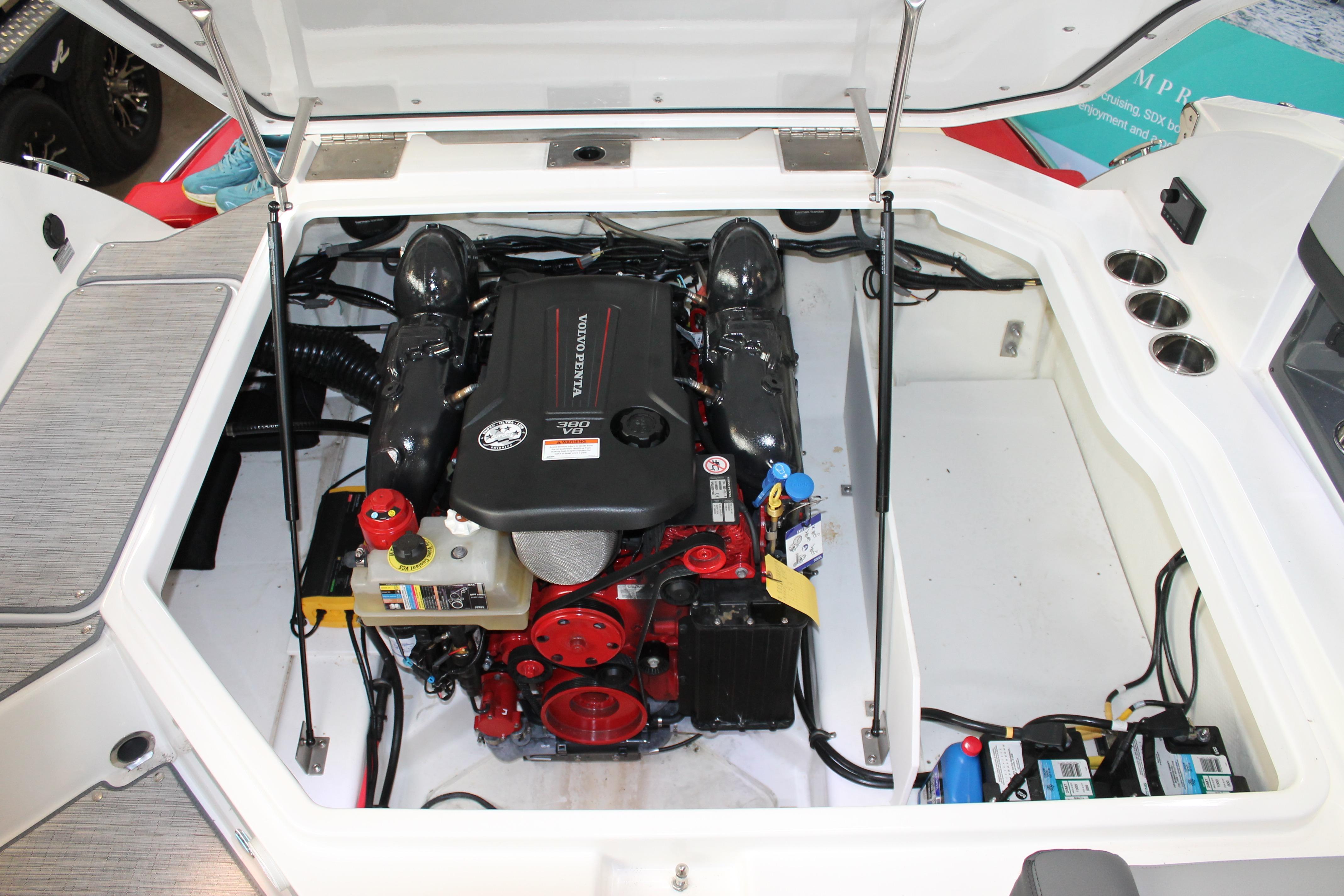 Engine compartment of 2023 Cobalt R8 boat featuring a Volvo Penta engine.