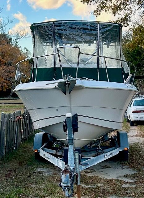 A 1995 Pro-Line 240 Pro-line boat on a trailer, featuring a green canopy and railing.