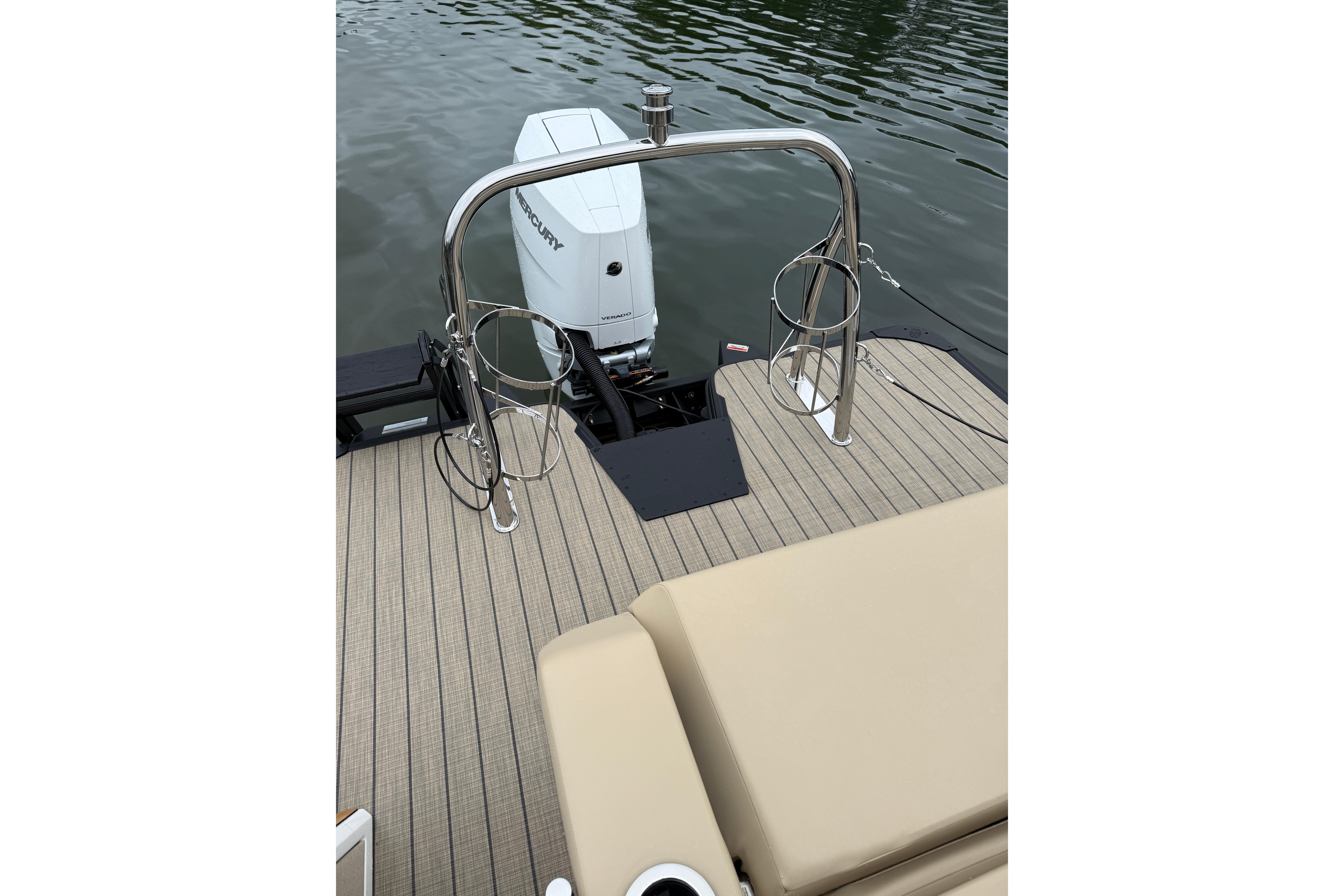 Modern Balise Helix 26 L boat deck with Mercury outboard motor, 2025 model.