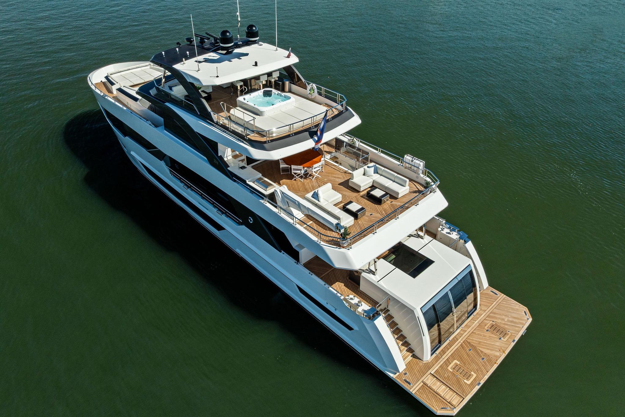 Luxurious 2024 Ocean Alexander 35 Revolution yacht with spacious decks and modern design.