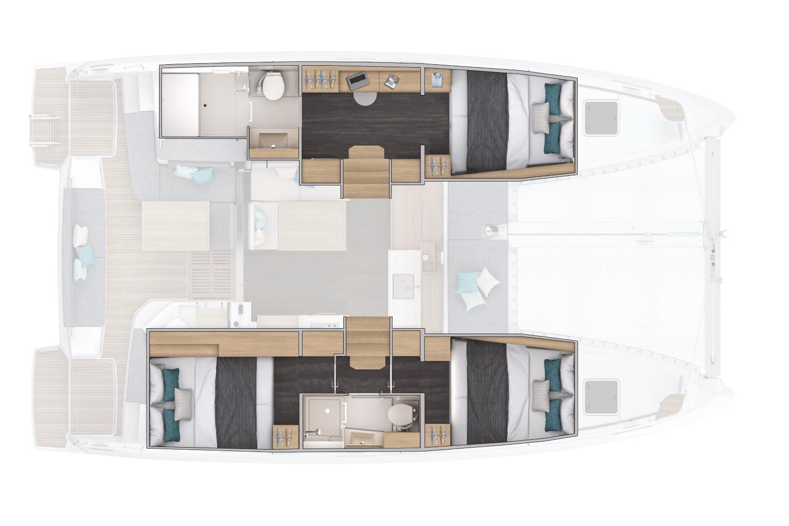 Manufacturer Provided Image: Floor plan of a 2026 Lagoon 38 catamaran, featuring cabins and living areas.