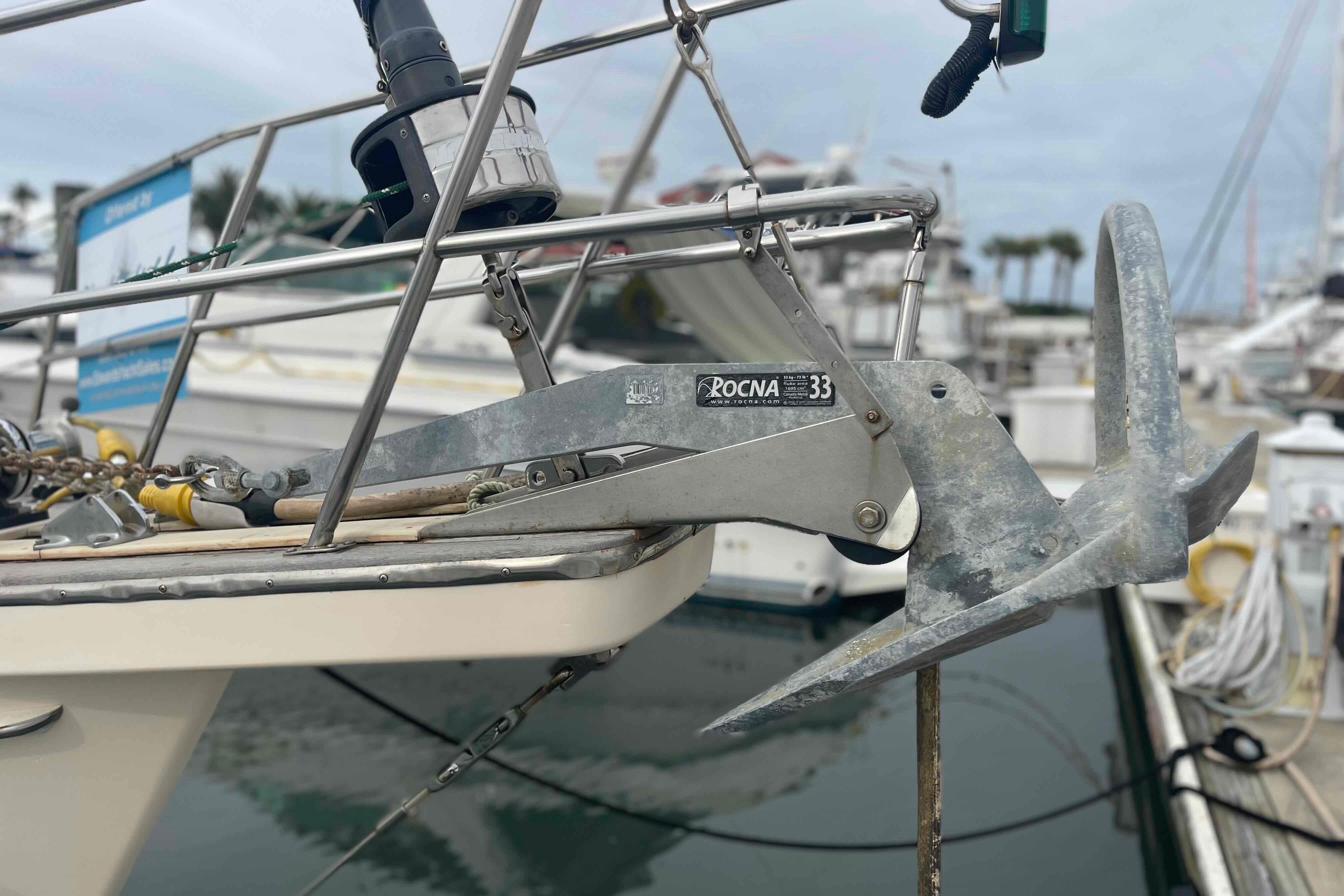 1998 Island Packet 40 sailboat with Rocna 33 anchor at marina.