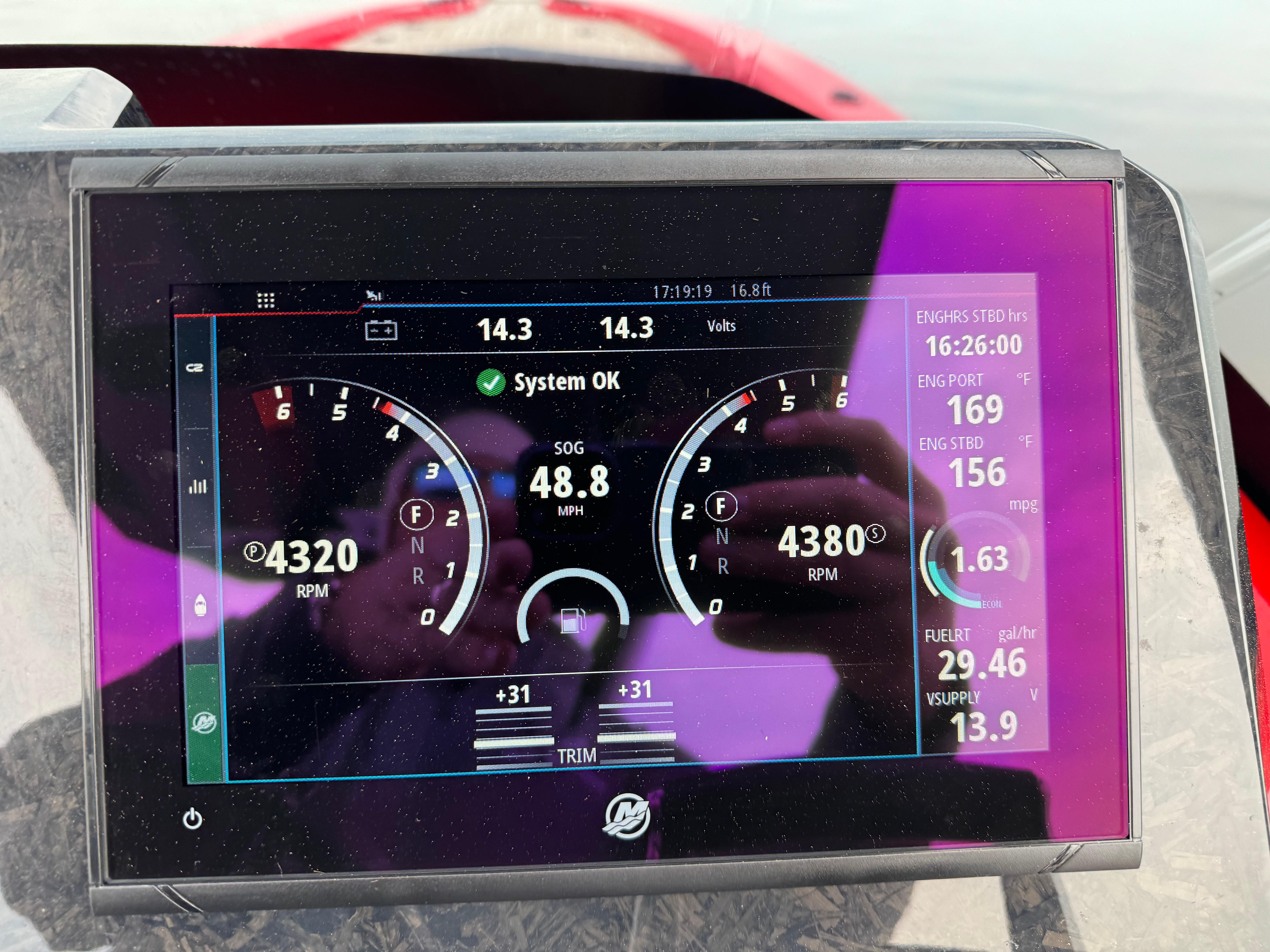Dashboard display of a 2024 SuperRib Open 30 showing engine and speed metrics.