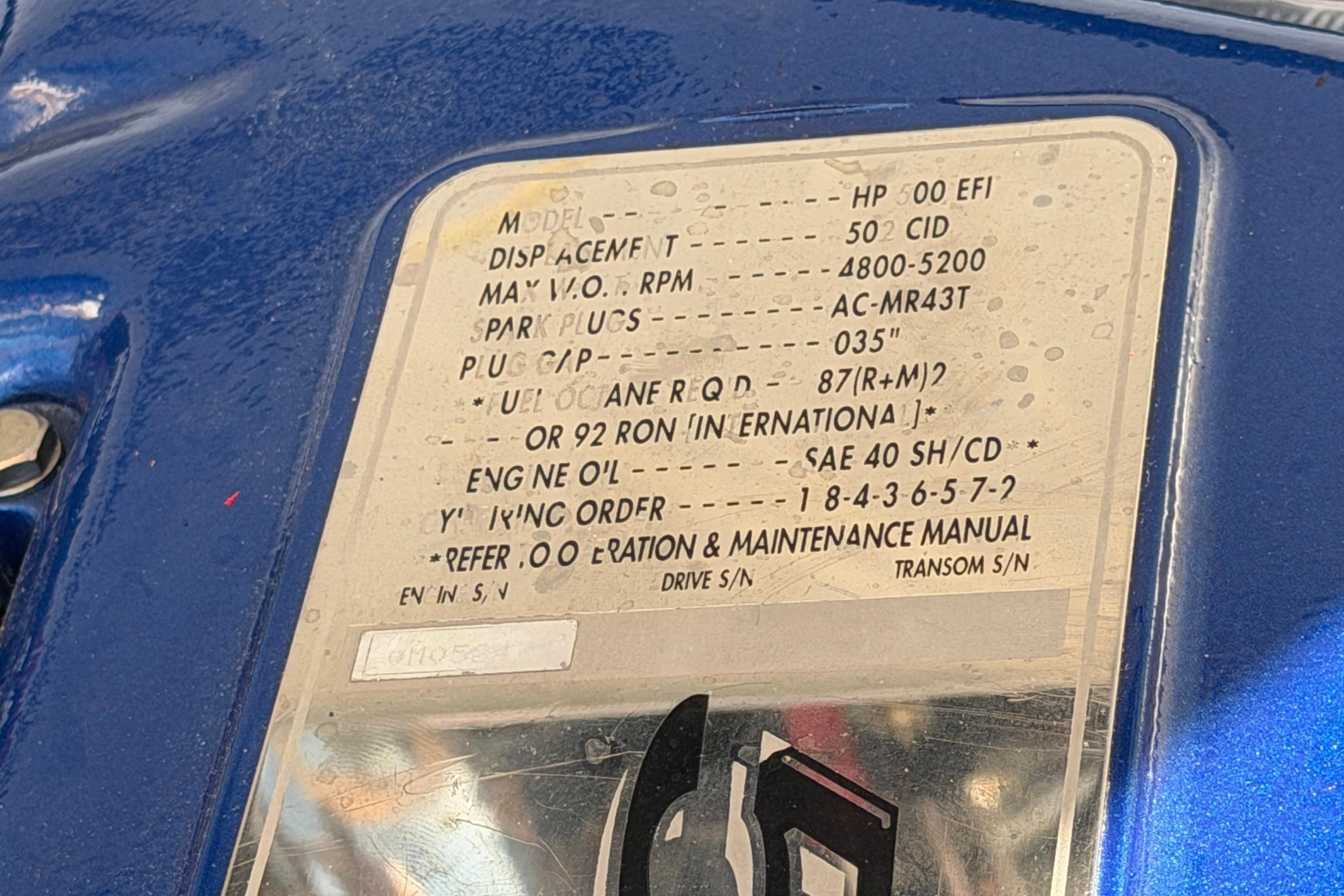Engine specifications plaque on a 2002 Cigarette 35' Cafe Racer boat.