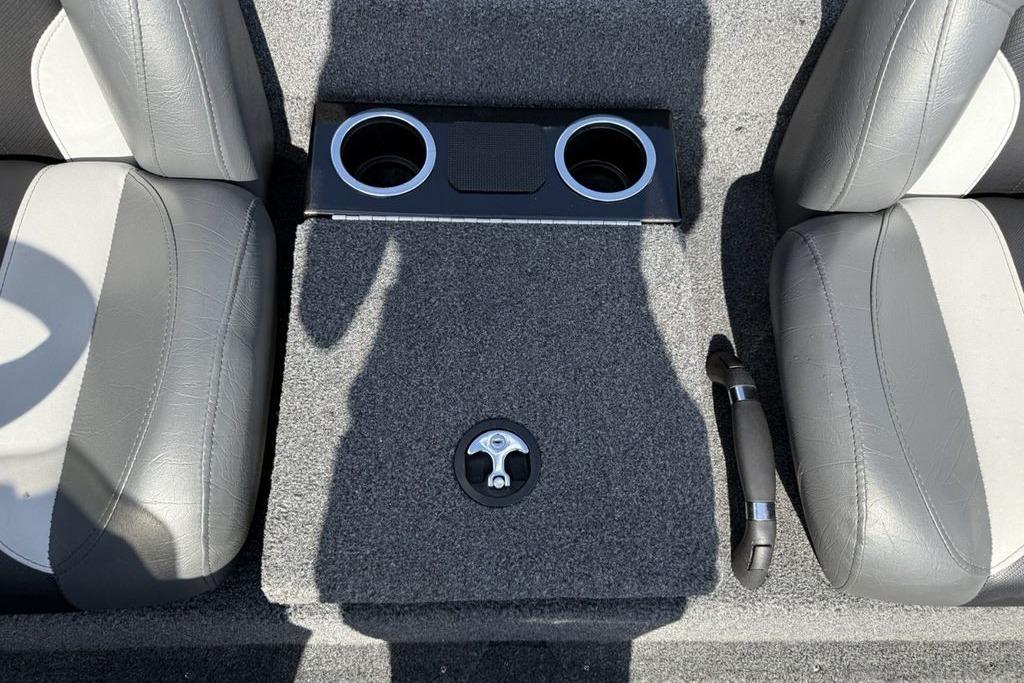 2023 Vexus AVX189 boat interior with gray seats and dual cup holders.