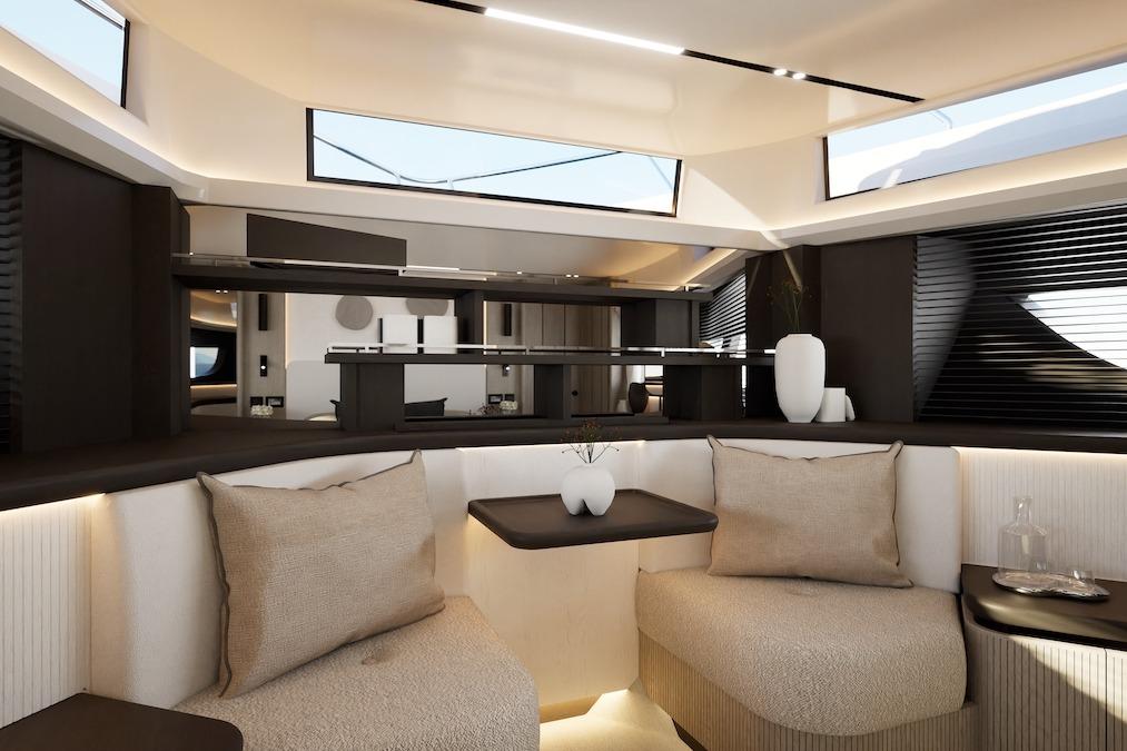 Luxurious interior of 2027 Pearl 73 yacht with modern seating and elegant decor.