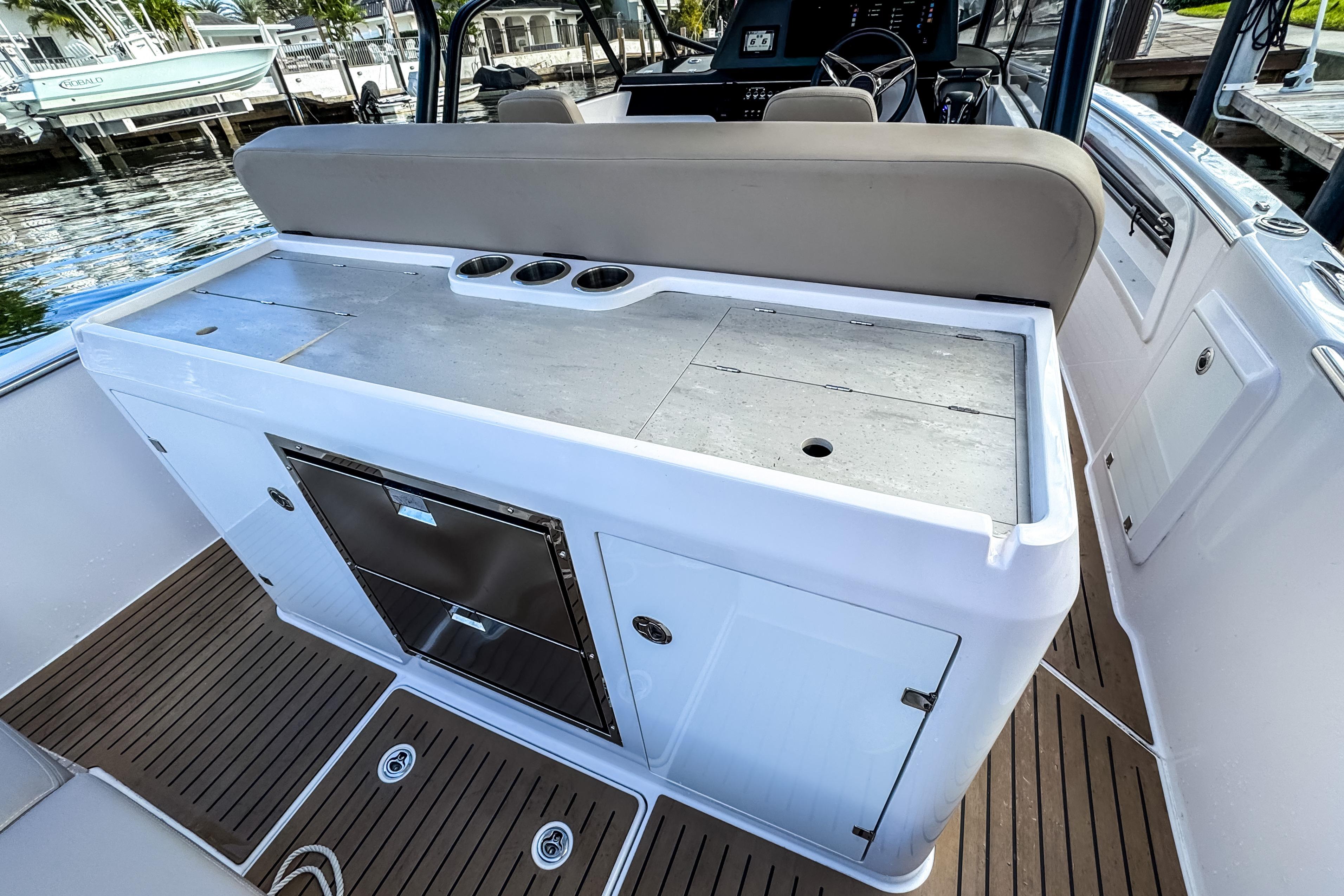 Interior of a 2025 STERK 31 boat with modern amenities.
