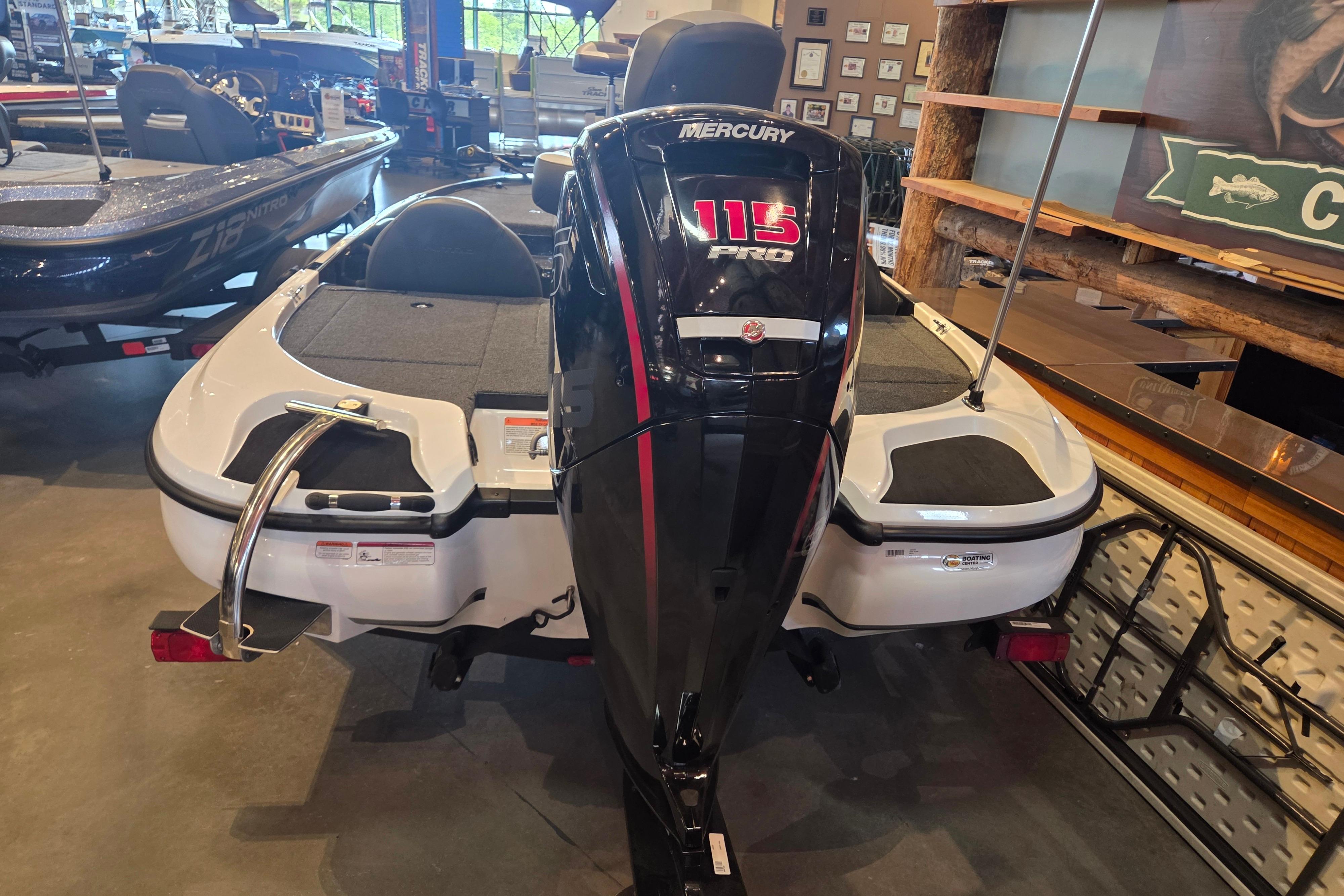 2026 Nitro Z17 boat with Mercury 115 Pro motor in showroom.