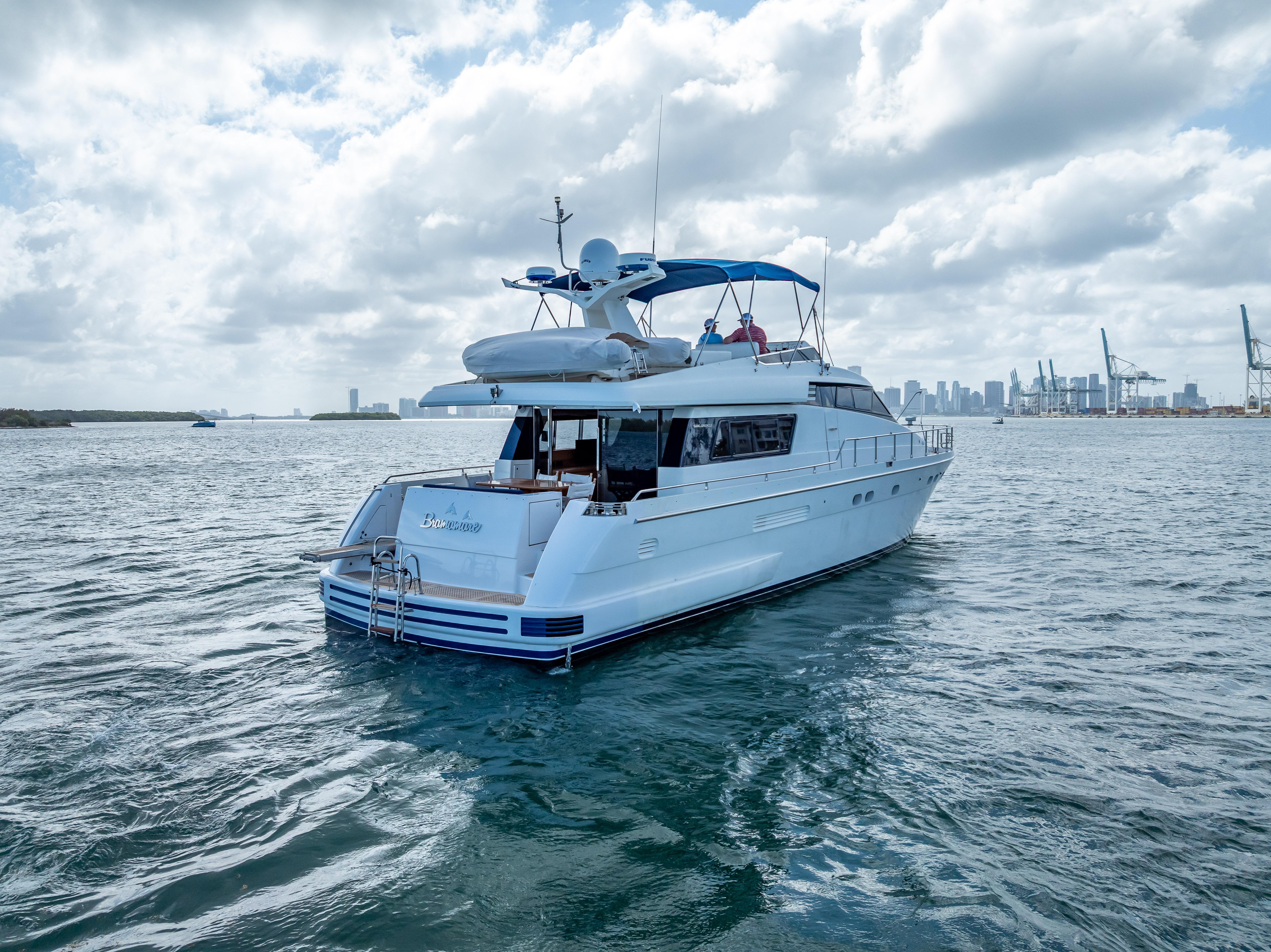 Sanlorenzo 62 yacht from 1995 cruising on open water under a cloudy sky.