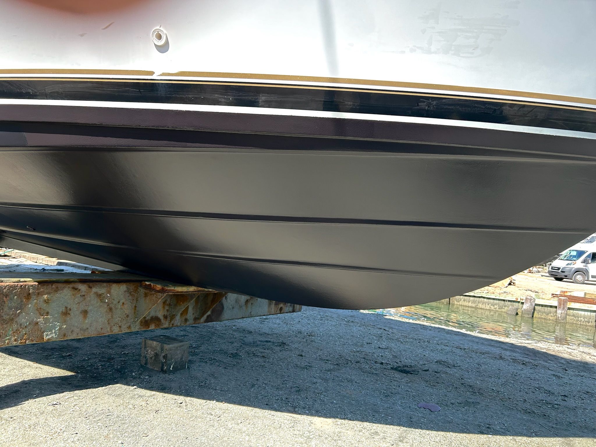 Underside of a Carver 356 yacht on a dry dock.