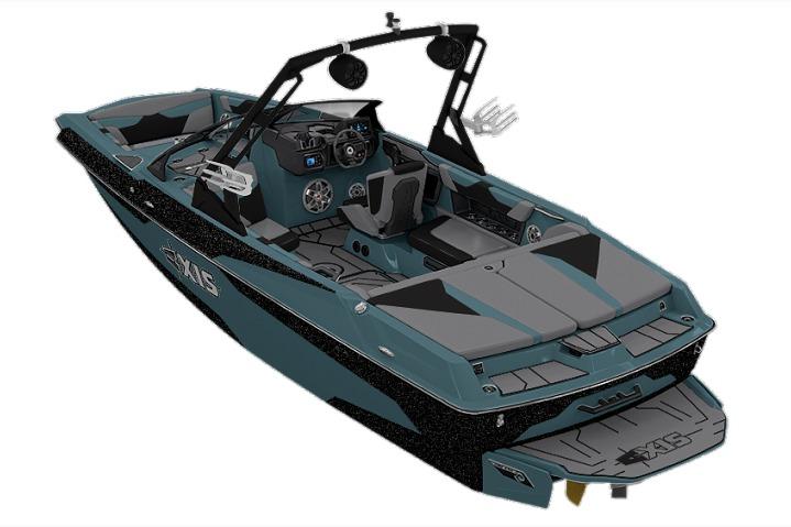 2022 Axis A22 boat, sleek design, teal and black color, modern interior, wakeboard tower.