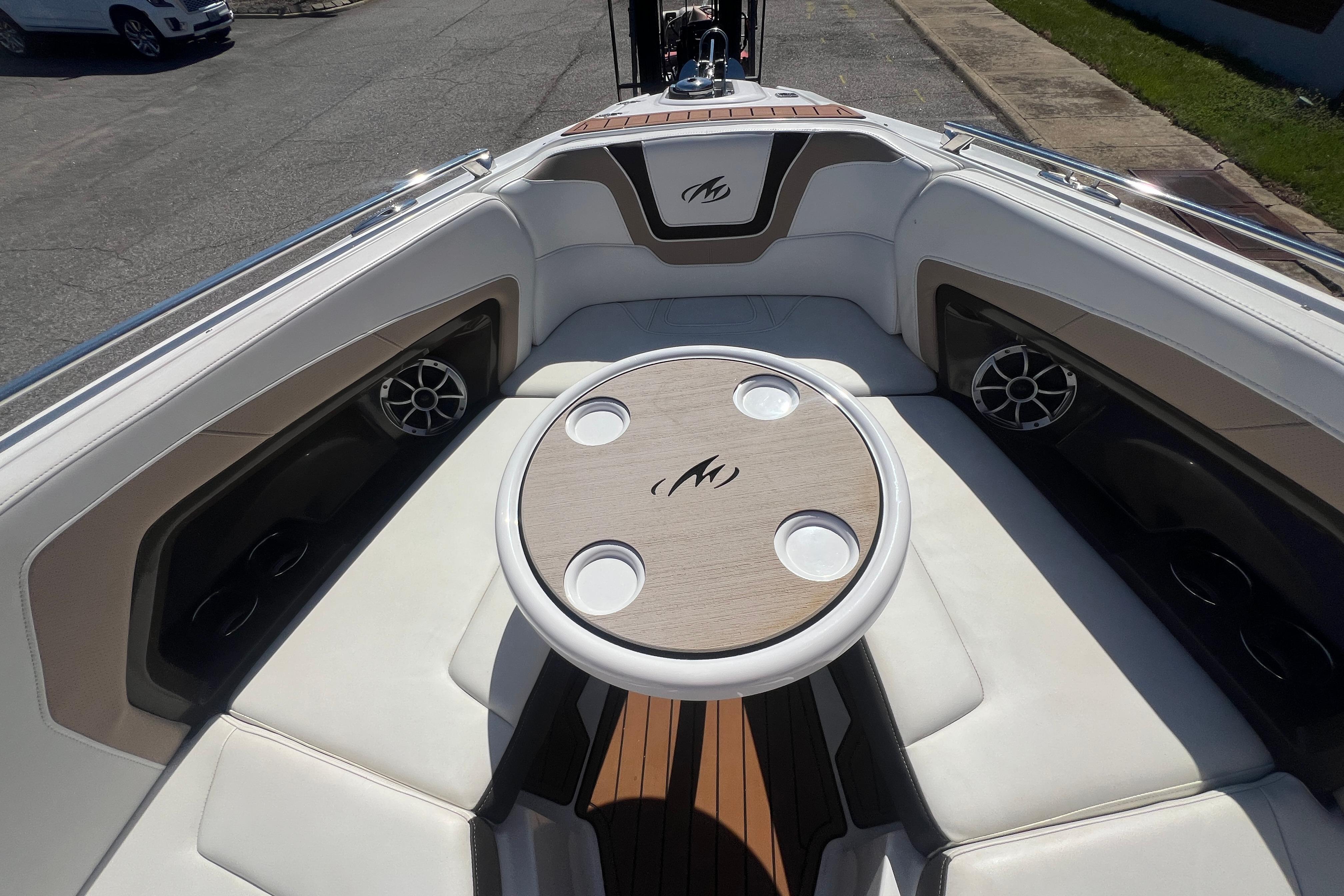 2017 Monterey 298SS Super Sport boat interior with seating and table.