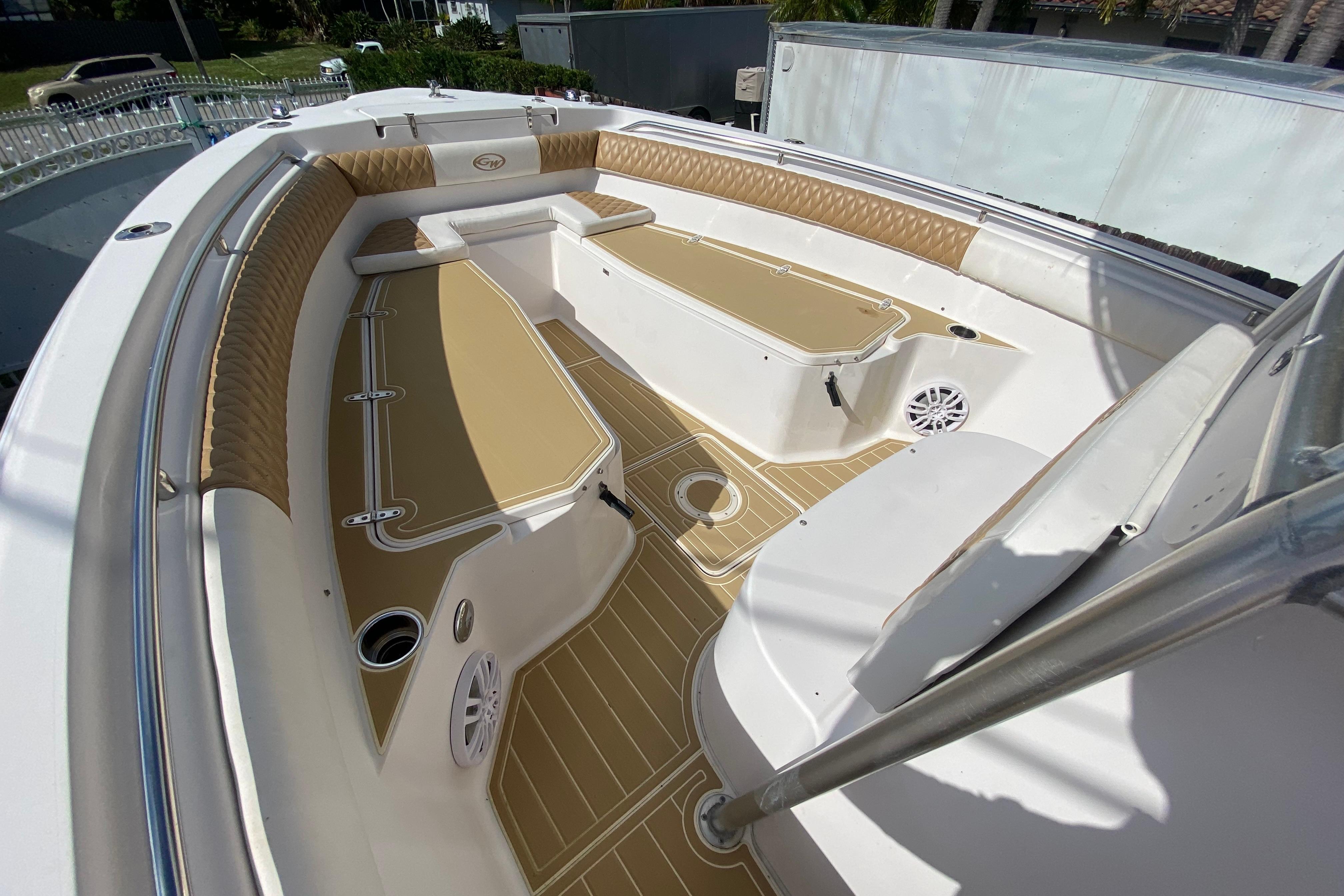 2004 Grady-White Canyon 283 boat interior with tan seating and deck.