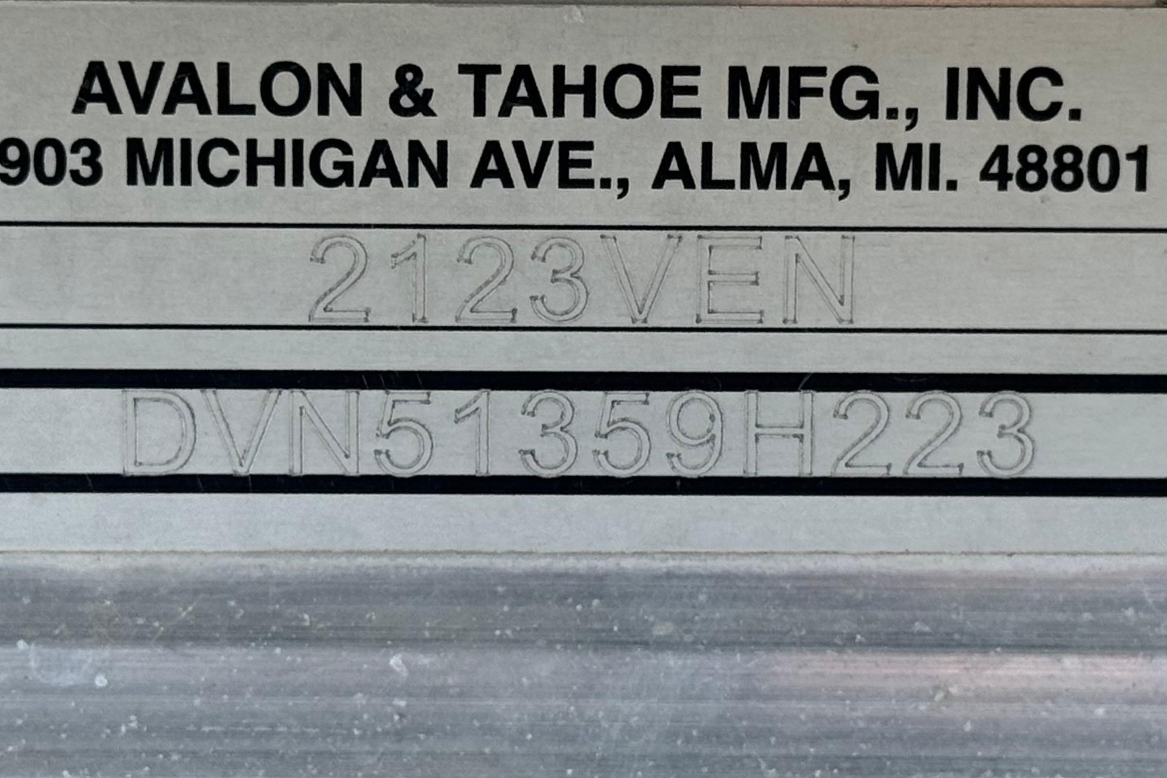2023 Avalon Venture Fish N Cruise 20' manufacturer plate, Avalon & Tahoe MFG, Alma, MI.