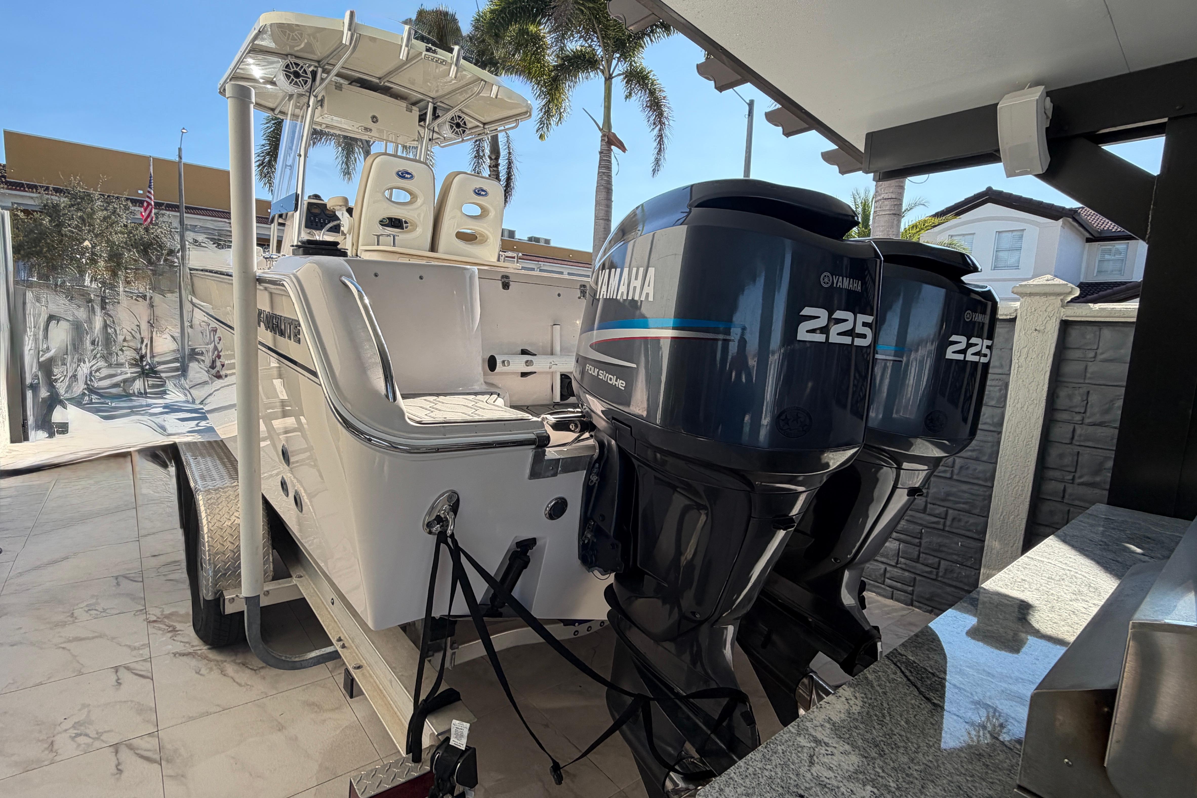2004 Grady White 273 boat with twin Yamaha 225 engines on a trailer.