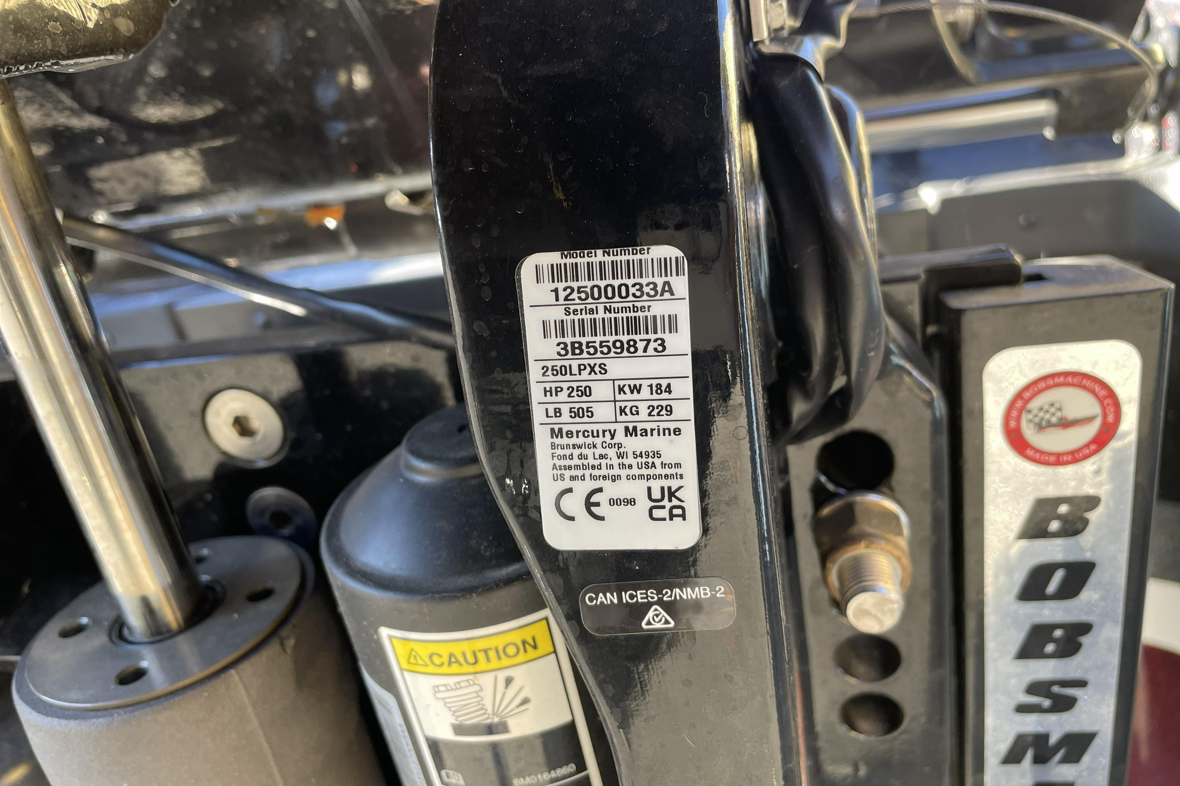 Label on a 2026 Nitro Z20 XL boat engine, showing specifications and caution details.