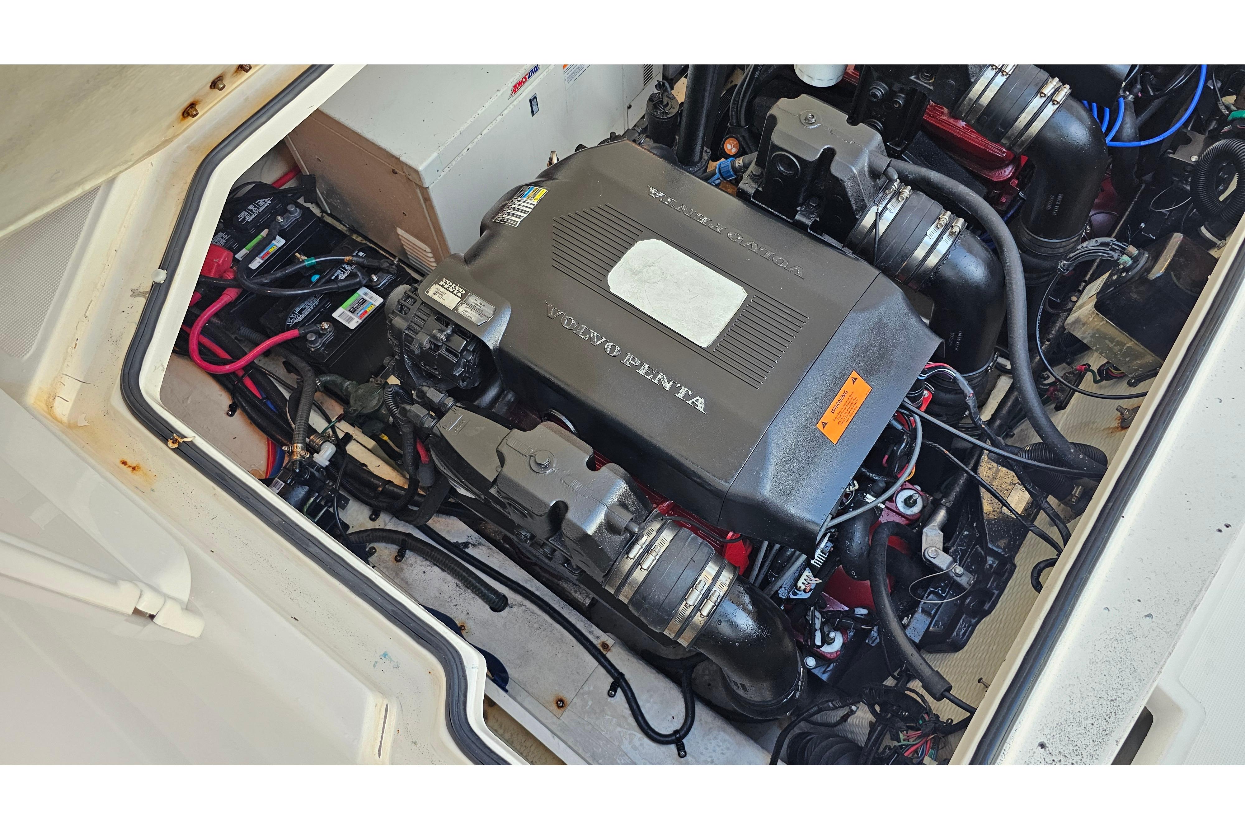 Engine compartment of a 2005 Regal 3060 Window Express boat with Volvo Penta engine.