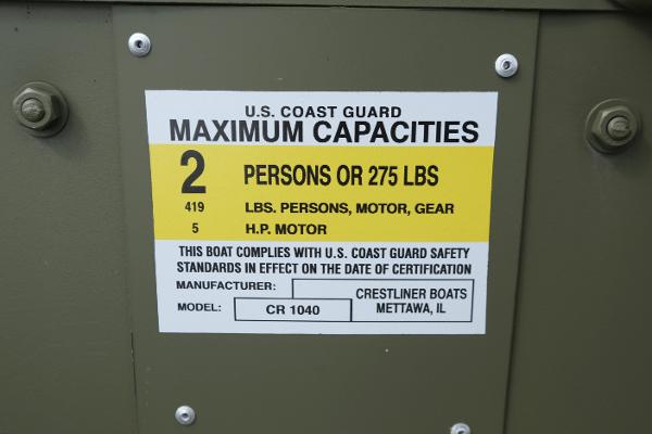 2024 Crestliner 1040 CR Jon boat capacity label, 2 persons or 275 lbs, 5 HP motor.